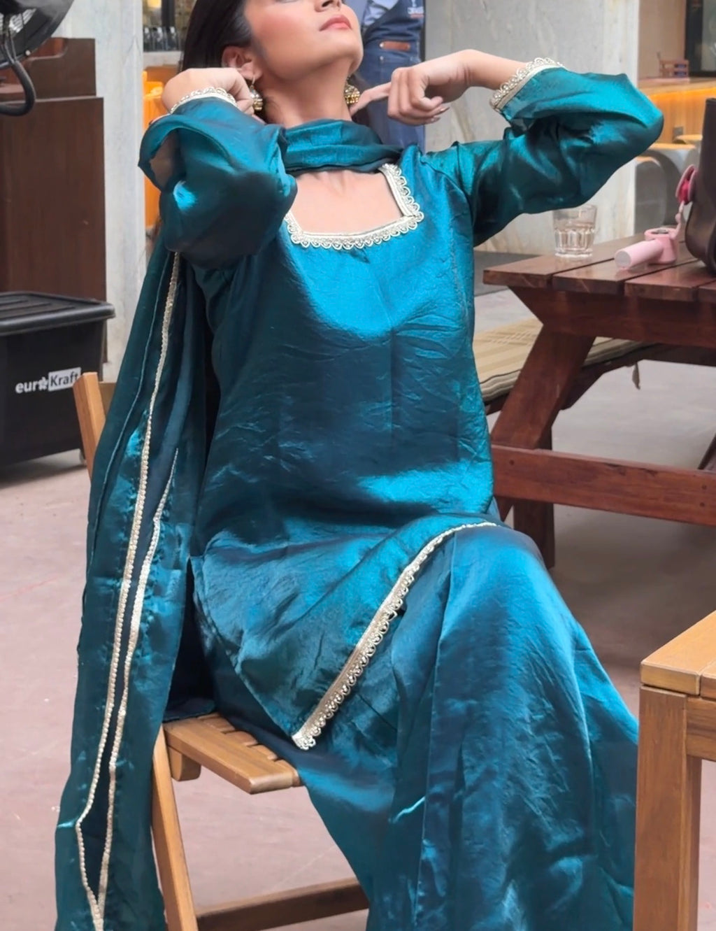 Peacock Teal Fendi 3-Piece Sharara Set with Silver Lace Detail & Soft Dupatta