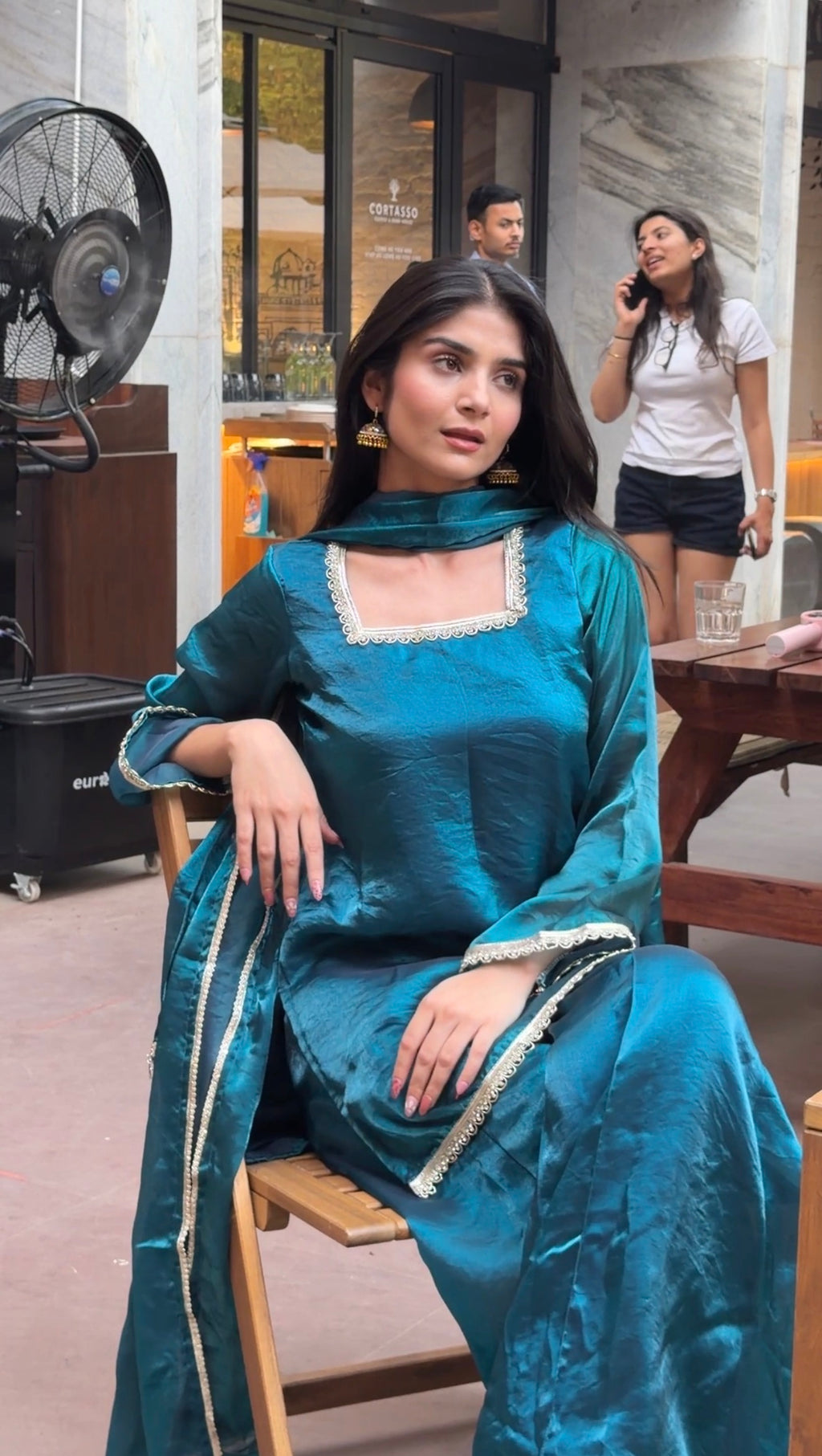 Peacock Teal Fendi 3-Piece Sharara Set with Silver Lace Detail & Soft Dupatta