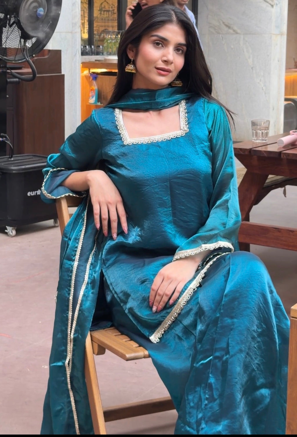 Peacock Teal Fendi 3-Piece Sharara Set with Silver Lace Detail & Soft Dupatta