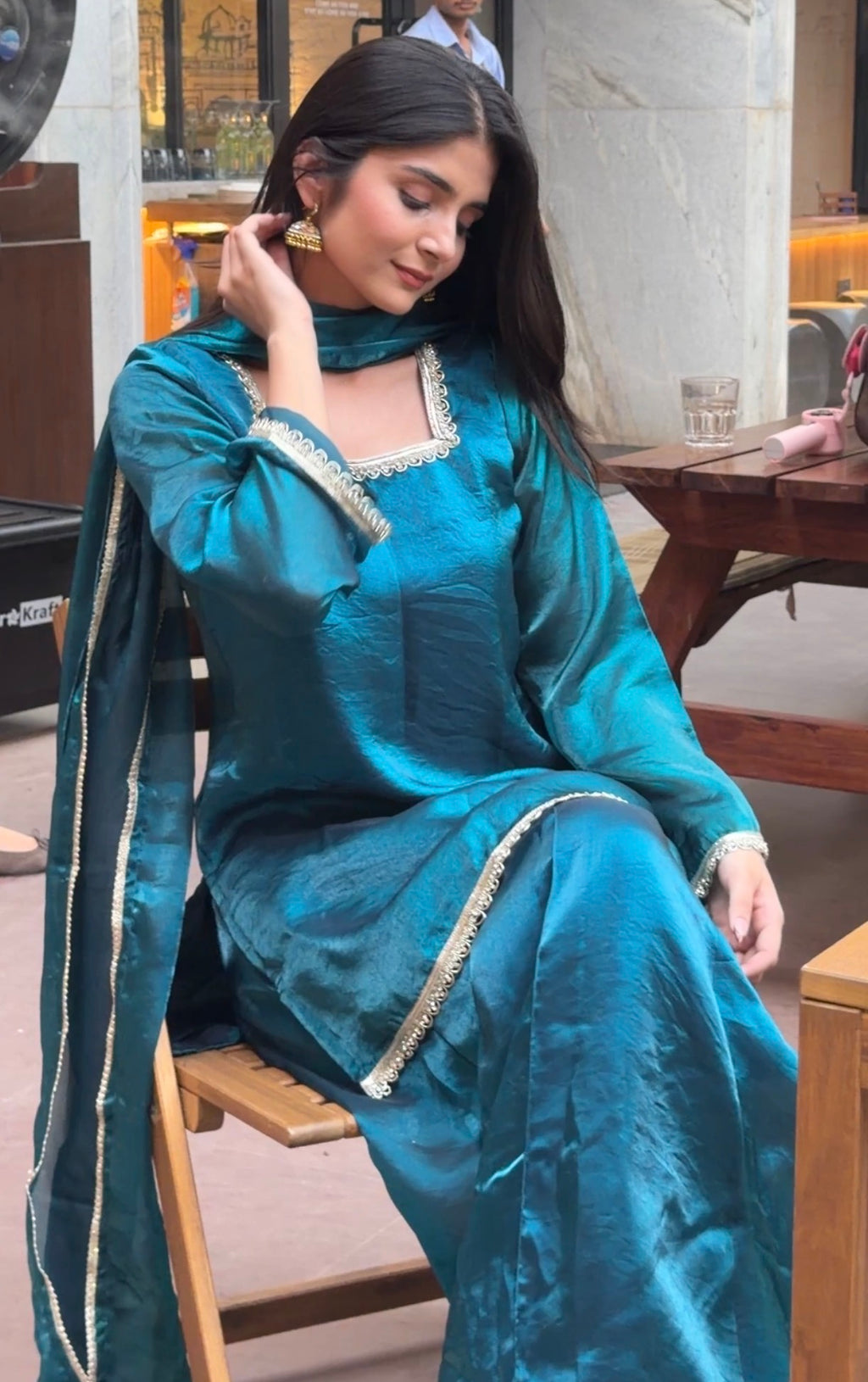 Peacock Teal Fendi 3-Piece Sharara Set with Silver Lace Detail & Soft Dupatta