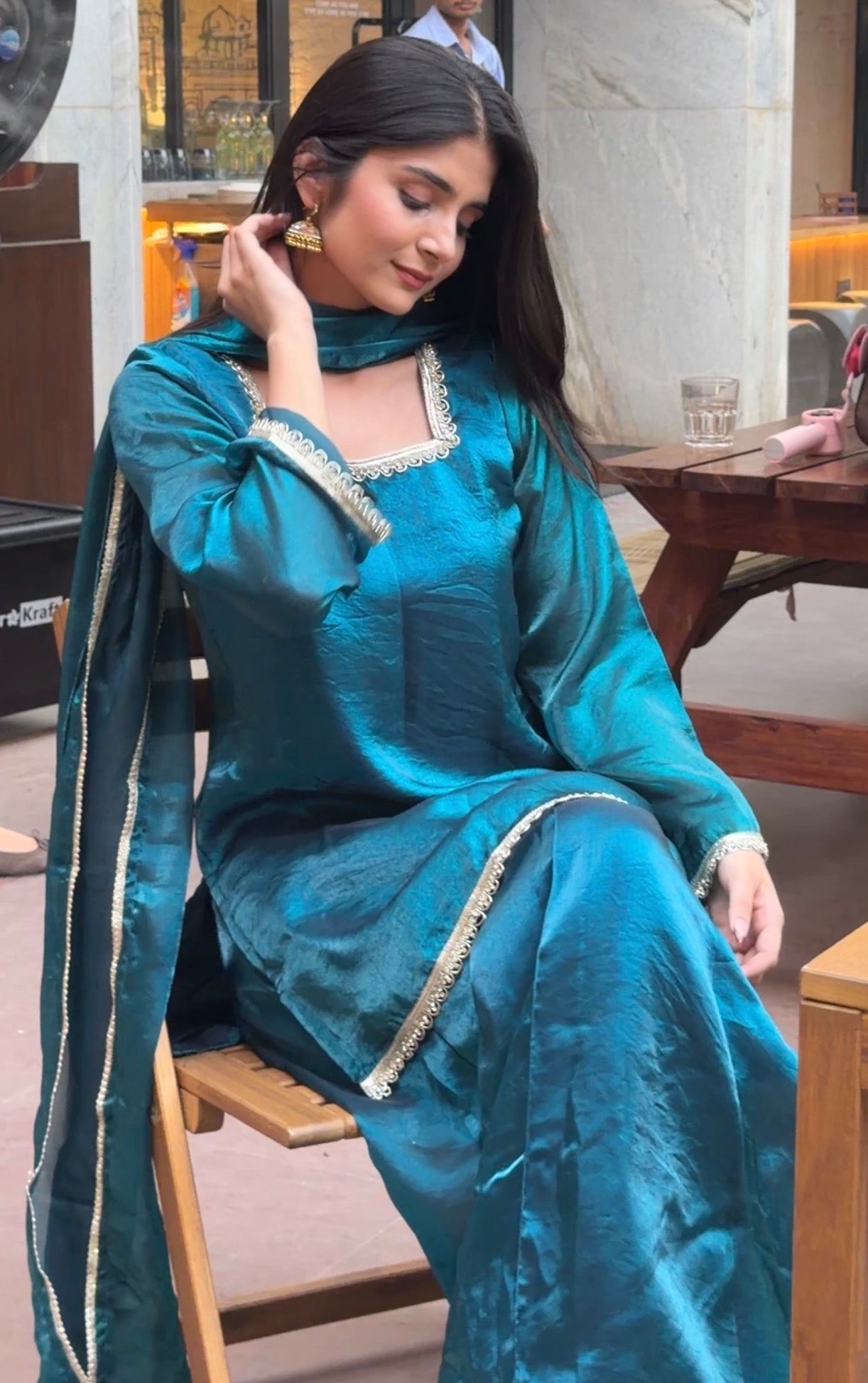 Peacock Teal Fendi 3-Piece Sharara Set with Silver Lace Detail & Soft Dupatta