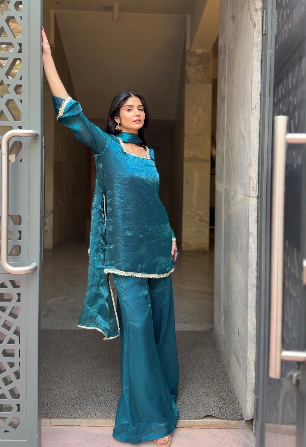Peacock Teal Fendi 3-Piece Sharara Set with Silver Lace Detail & Soft Dupatta