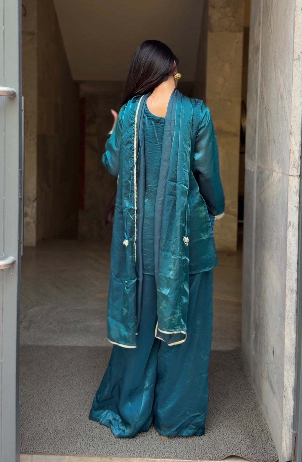 Peacock Teal Fendi 3-Piece Sharara Set with Silver Lace Detail & Soft Dupatta