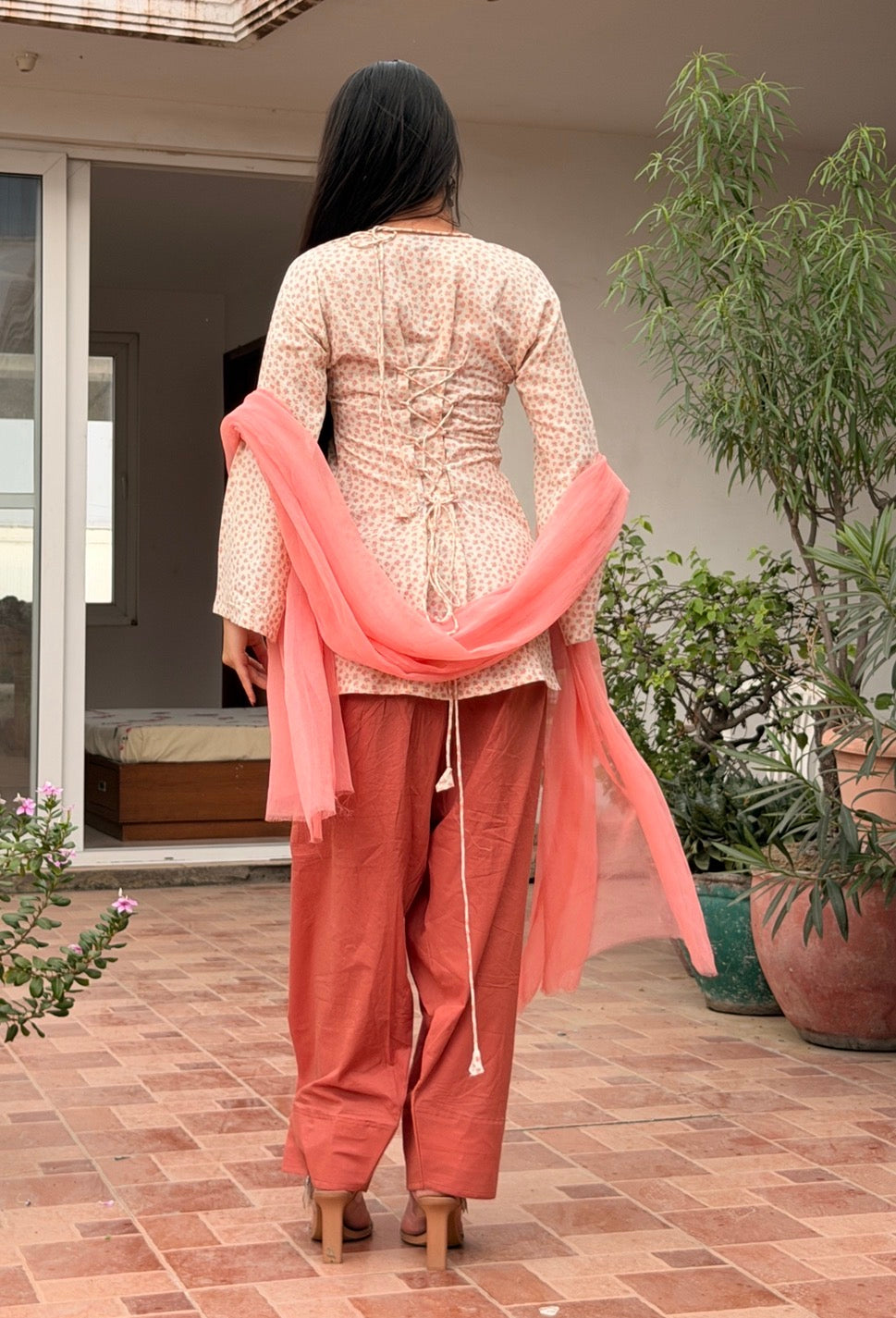 Off-White Floral Cotton Kurti with Peachy Pink Farshi Shalwar & Chiffon Dupatta