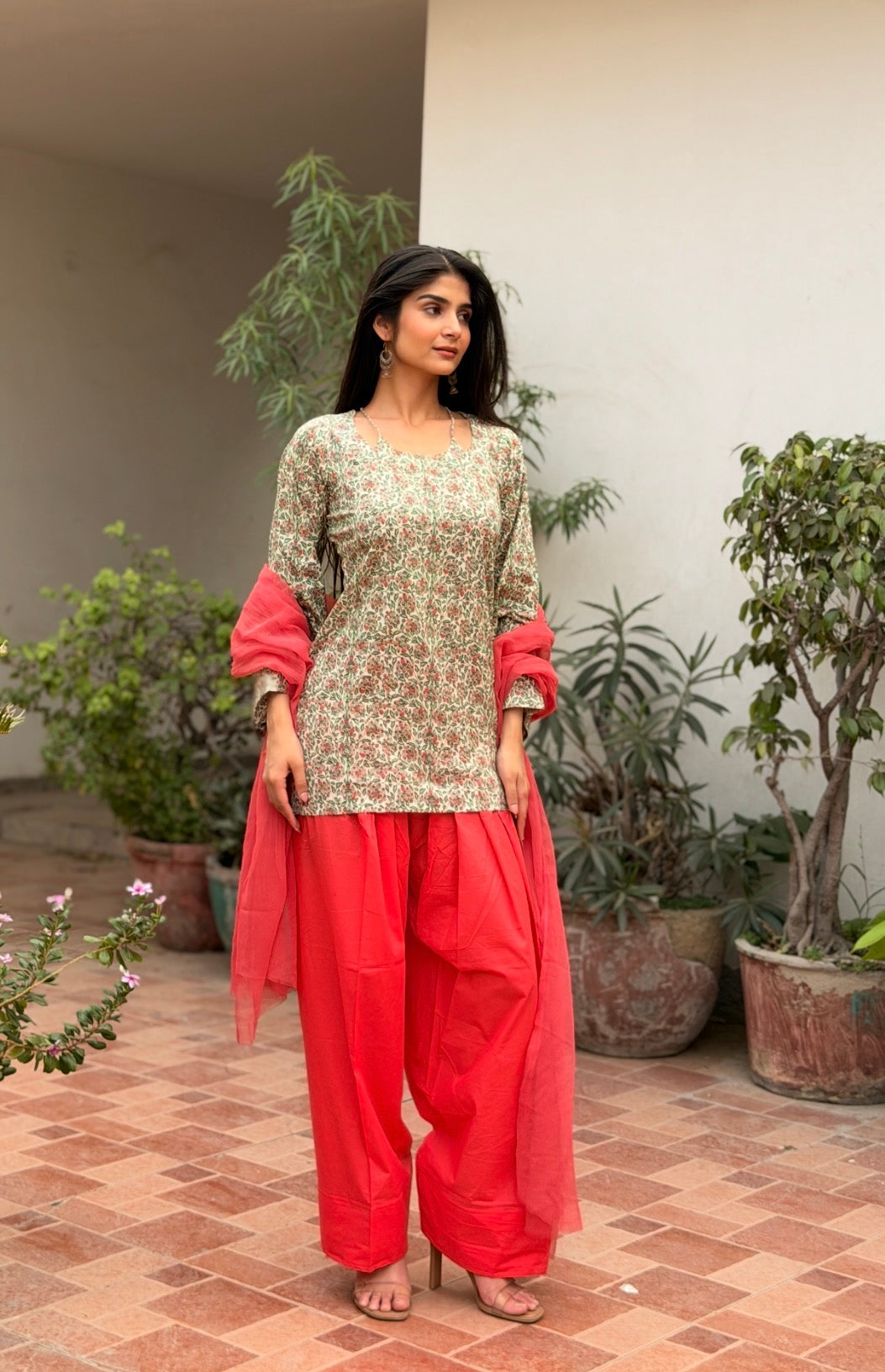 Floral Cotton Kurti with Coral Pink Farshi Shalwar & Chiffon Dupatta