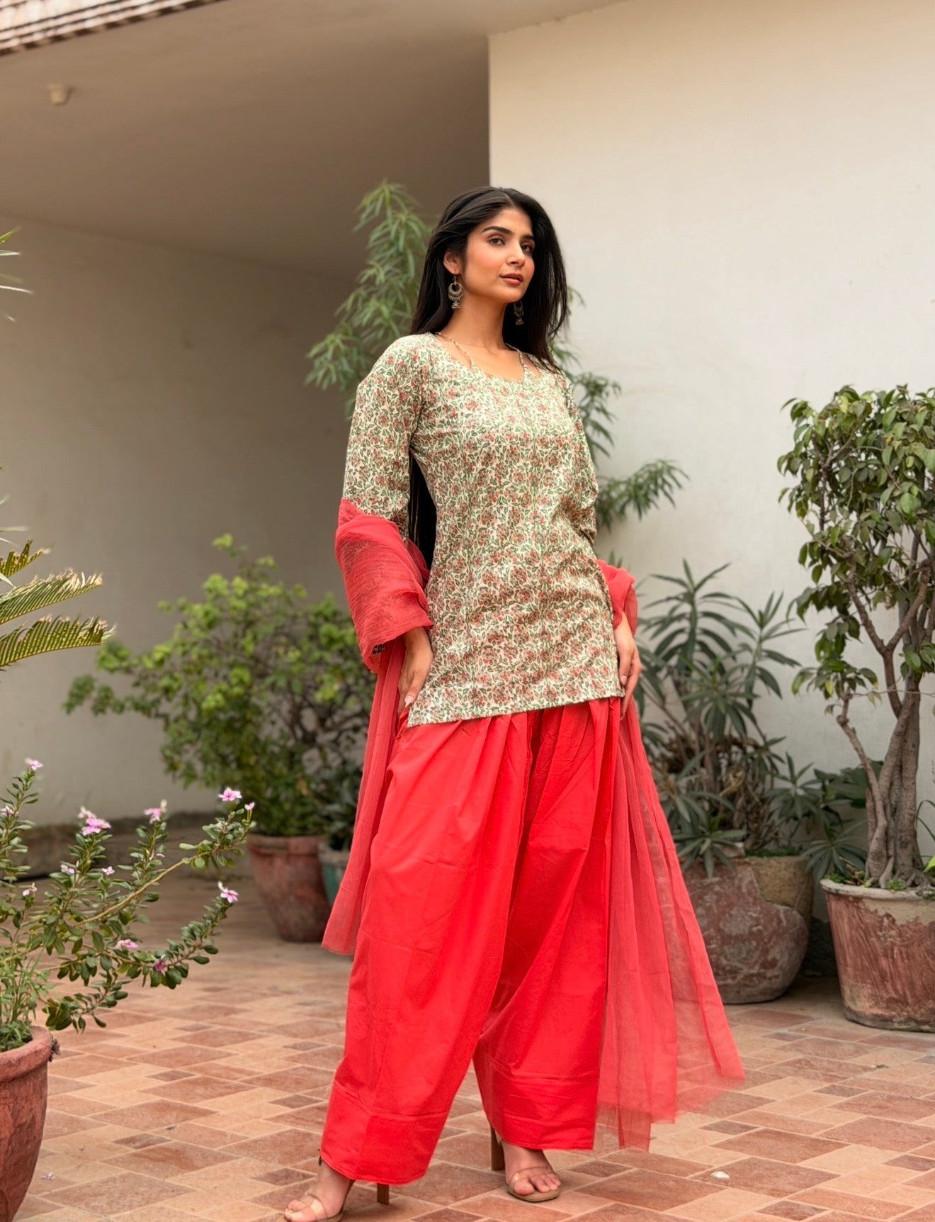 Floral Cotton Kurti with Coral Pink Farshi Shalwar & Chiffon Dupatta