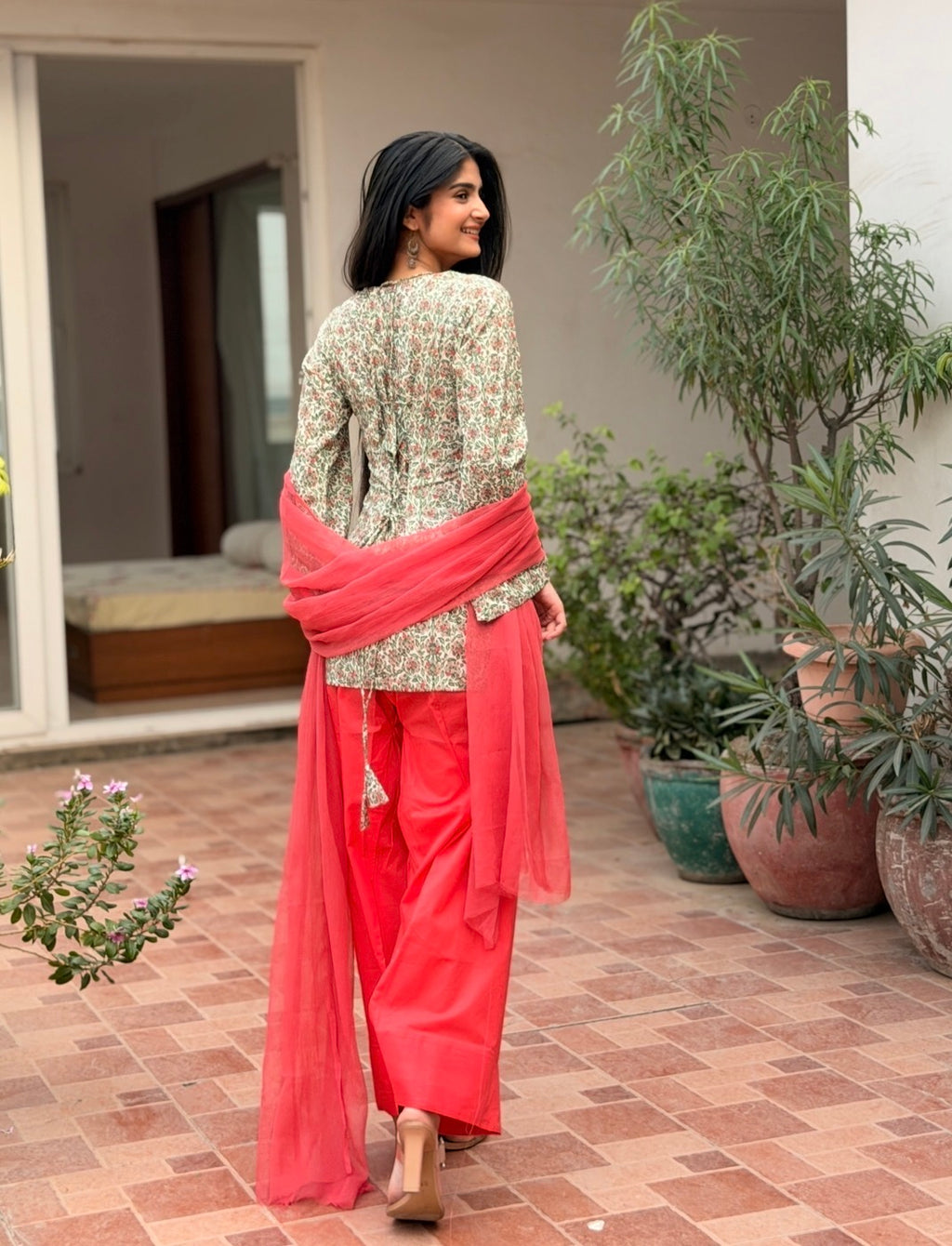 Floral Cotton Kurti with Coral Pink Farshi Shalwar & Chiffon Dupatta