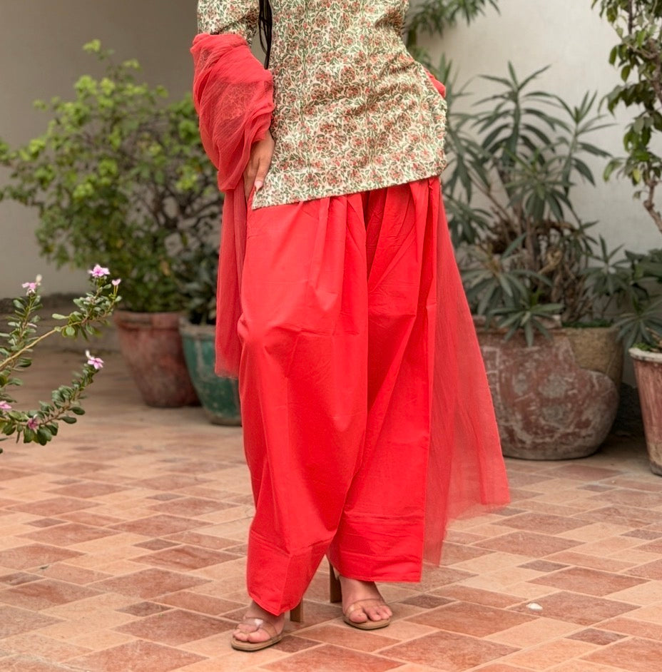 Floral Cotton Kurti with Coral Pink Farshi Shalwar & Chiffon Dupatta