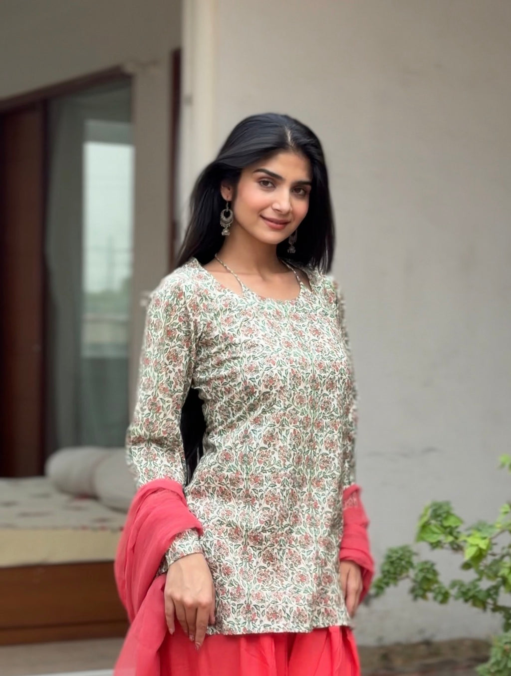 Floral Cotton Kurti with Coral Pink Farshi Shalwar & Chiffon Dupatta