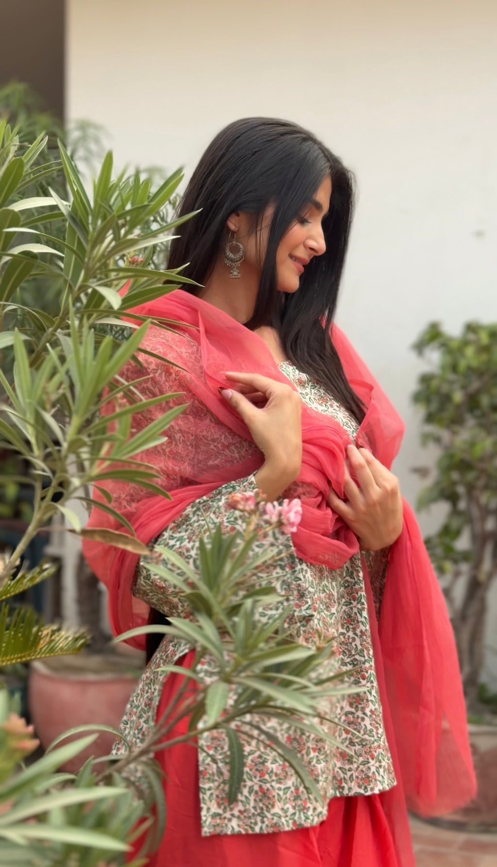 Floral Cotton Kurti with Coral Pink Farshi Shalwar & Chiffon Dupatta