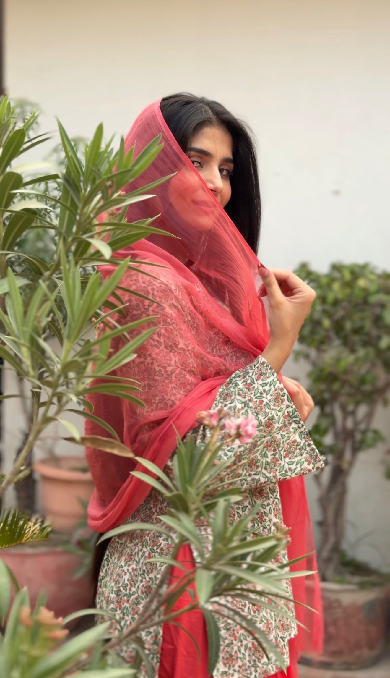 Floral Cotton Kurti with Coral Pink Farshi Shalwar & Chiffon Dupatta