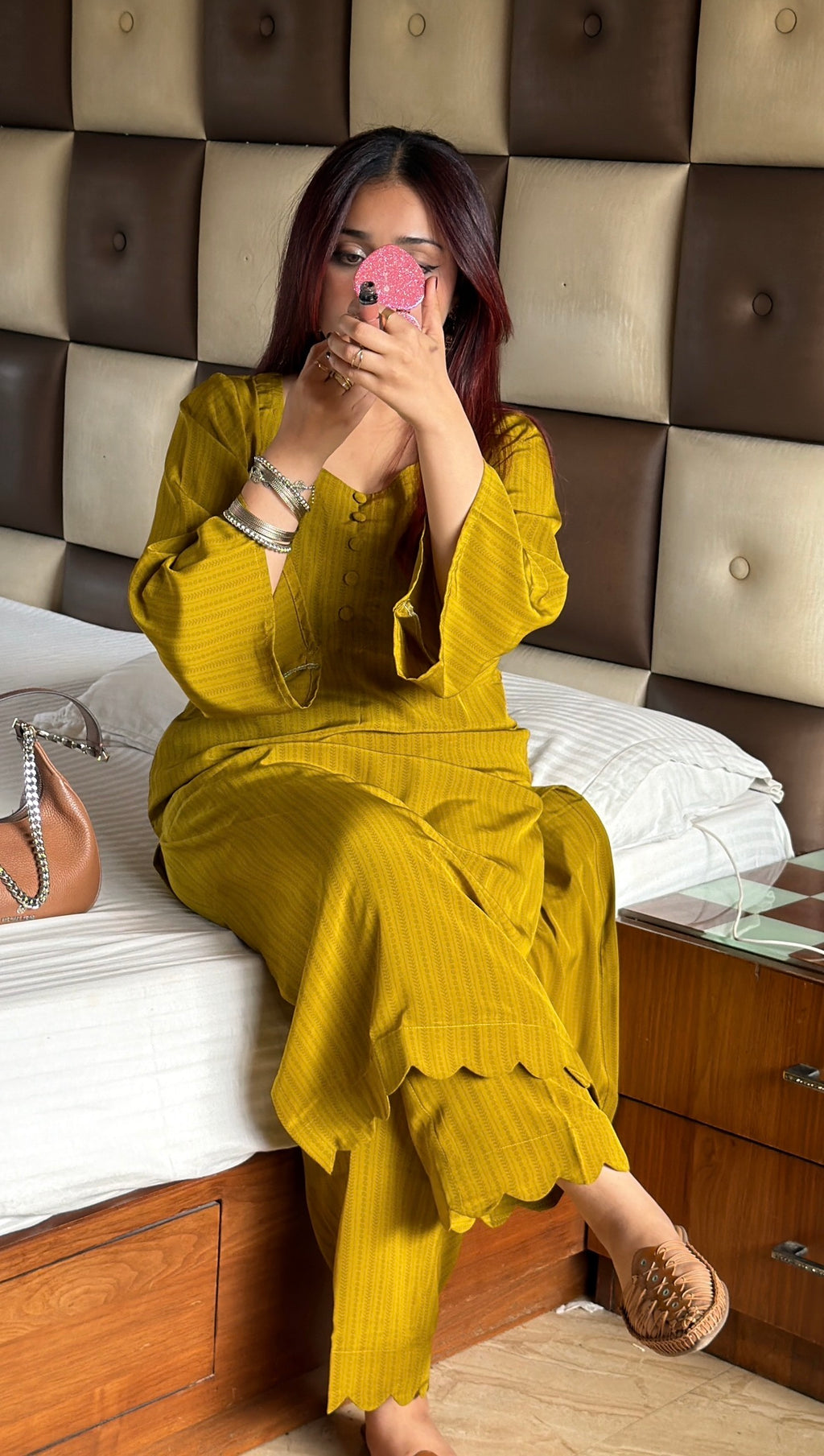 Olive Green Pure Crepe Co-ord Set with Kangoora Hem & Flared Sleeves