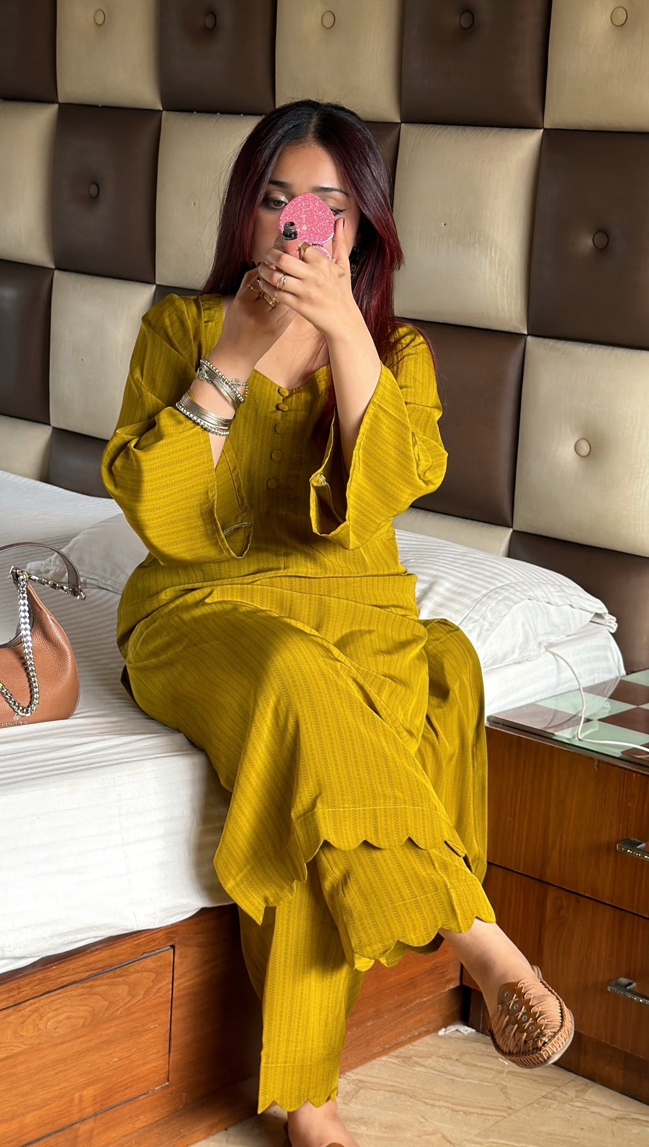Olive Green Pure Crepe Co-ord Set with Kangoora Hem & Flared Sleeves