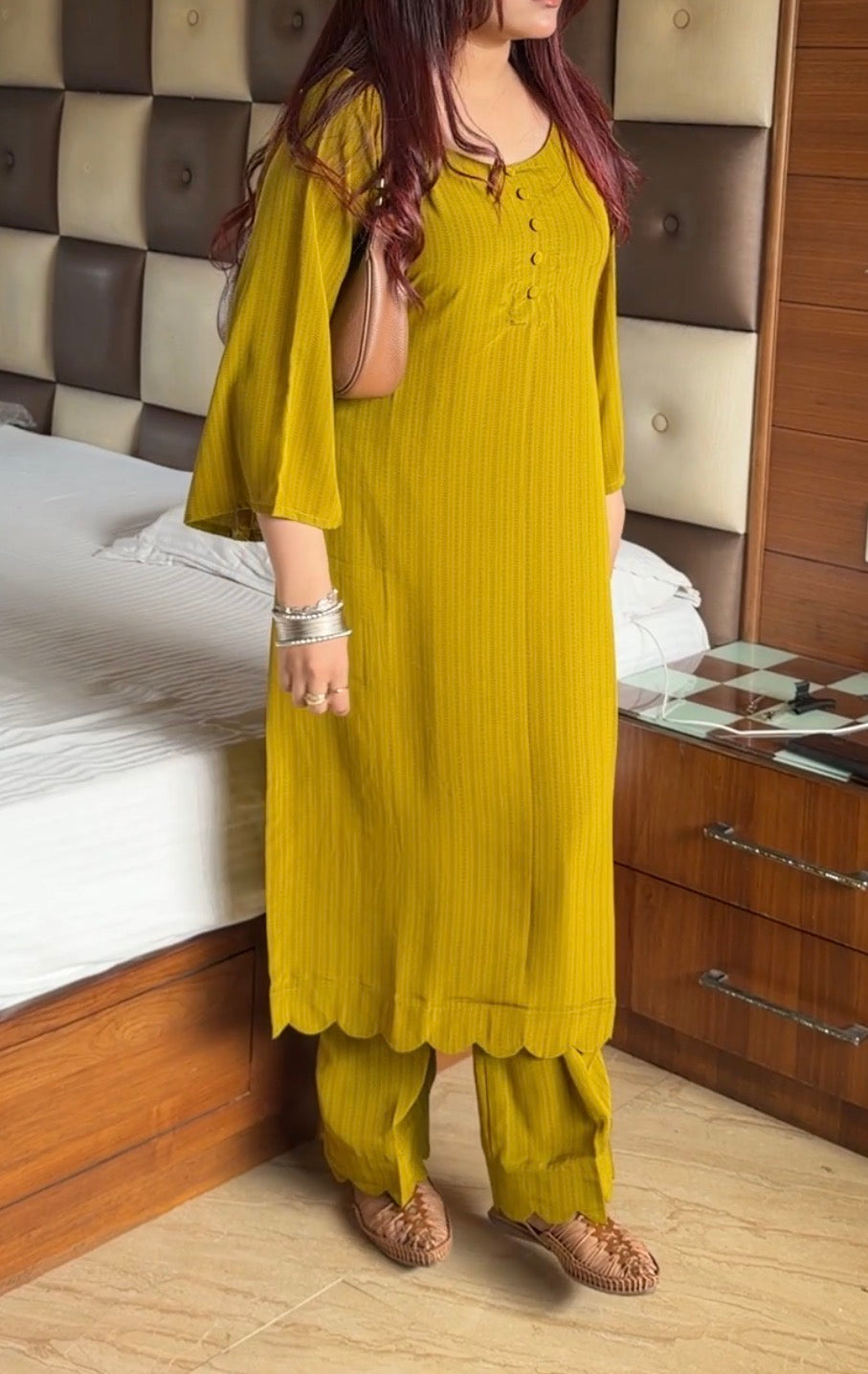 Olive Green Pure Crepe Co-ord Set with Kangoora Hem & Flared Sleeves