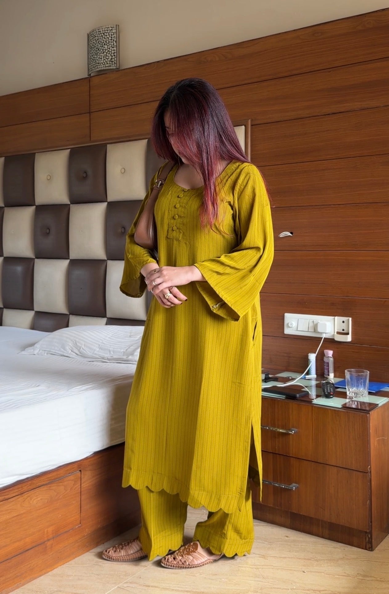 Olive Green Pure Crepe Co-ord Set with Kangoora Hem & Flared Sleeves