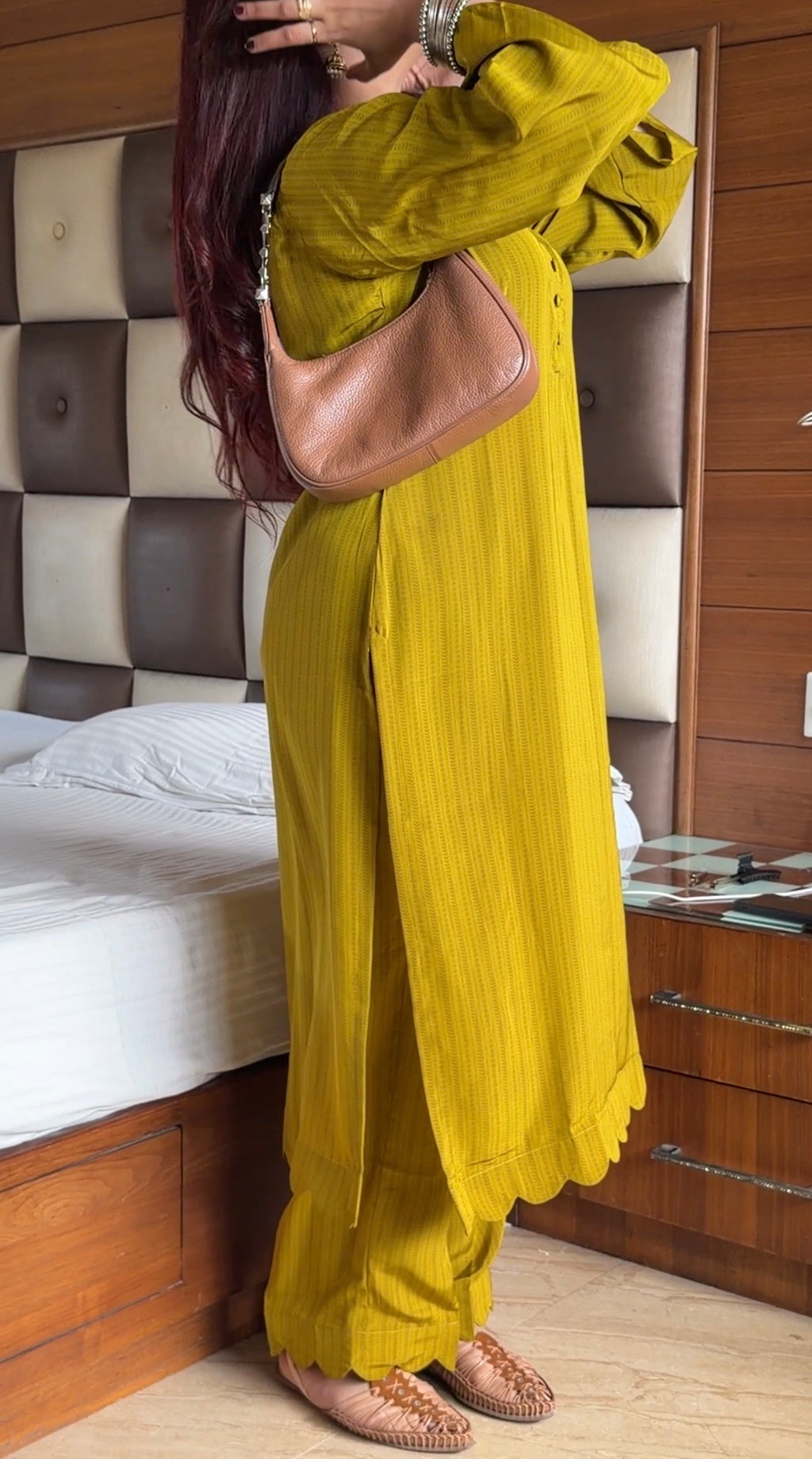 Olive Green Pure Crepe Co-ord Set with Kangoora Hem & Flared Sleeves