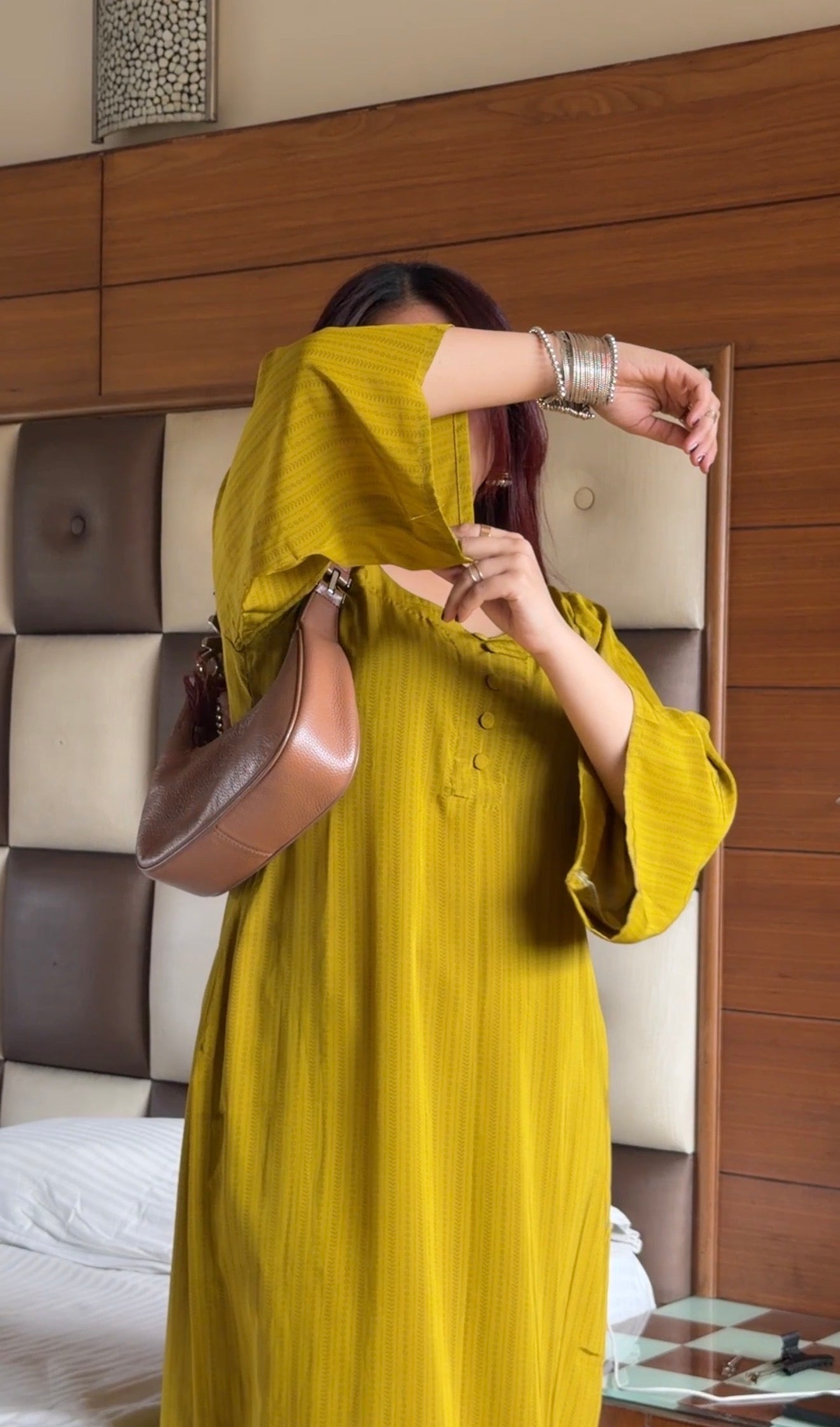 Olive Green Pure Crepe Co-ord Set with Kangoora Hem & Flared Sleeves