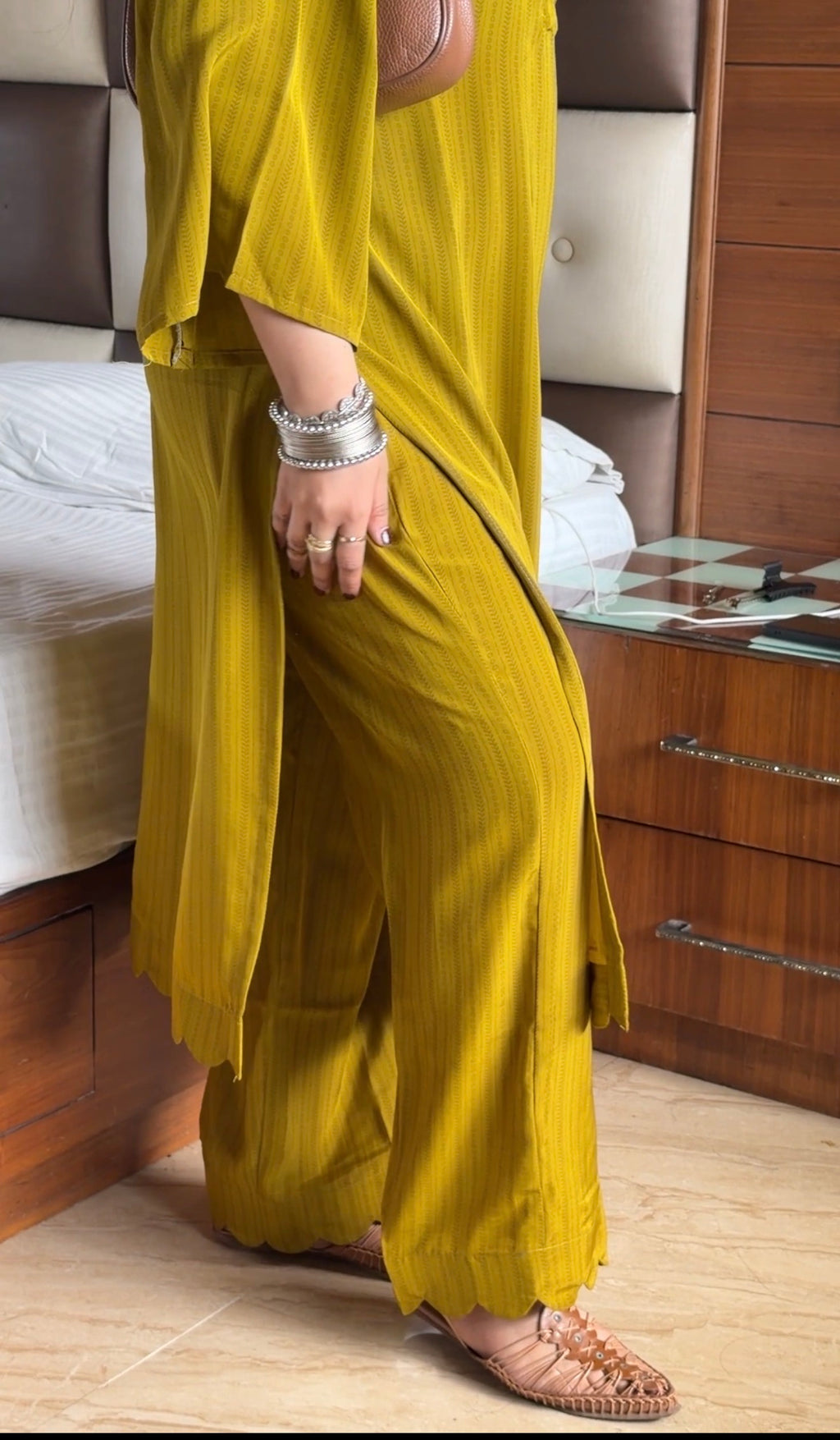 Olive Green Pure Crepe Co-ord Set with Kangoora Hem & Flared Sleeves