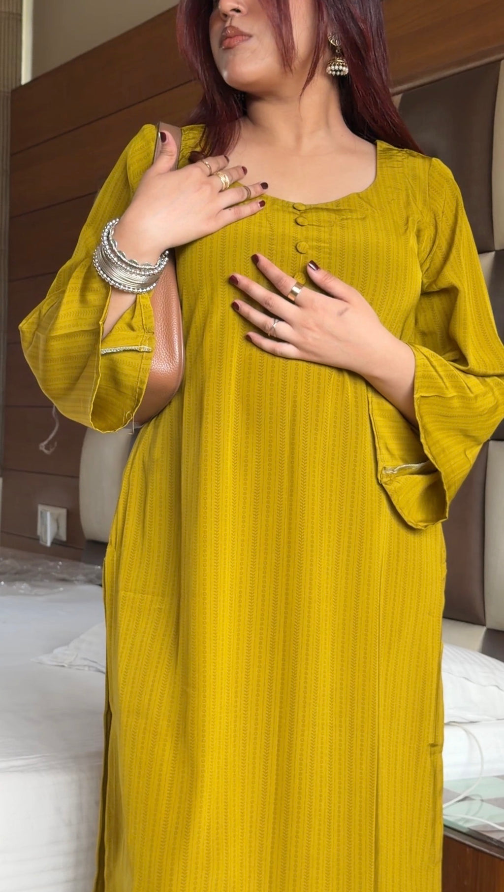 Olive Green Pure Crepe Co-ord Set with Kangoora Hem & Flared Sleeves