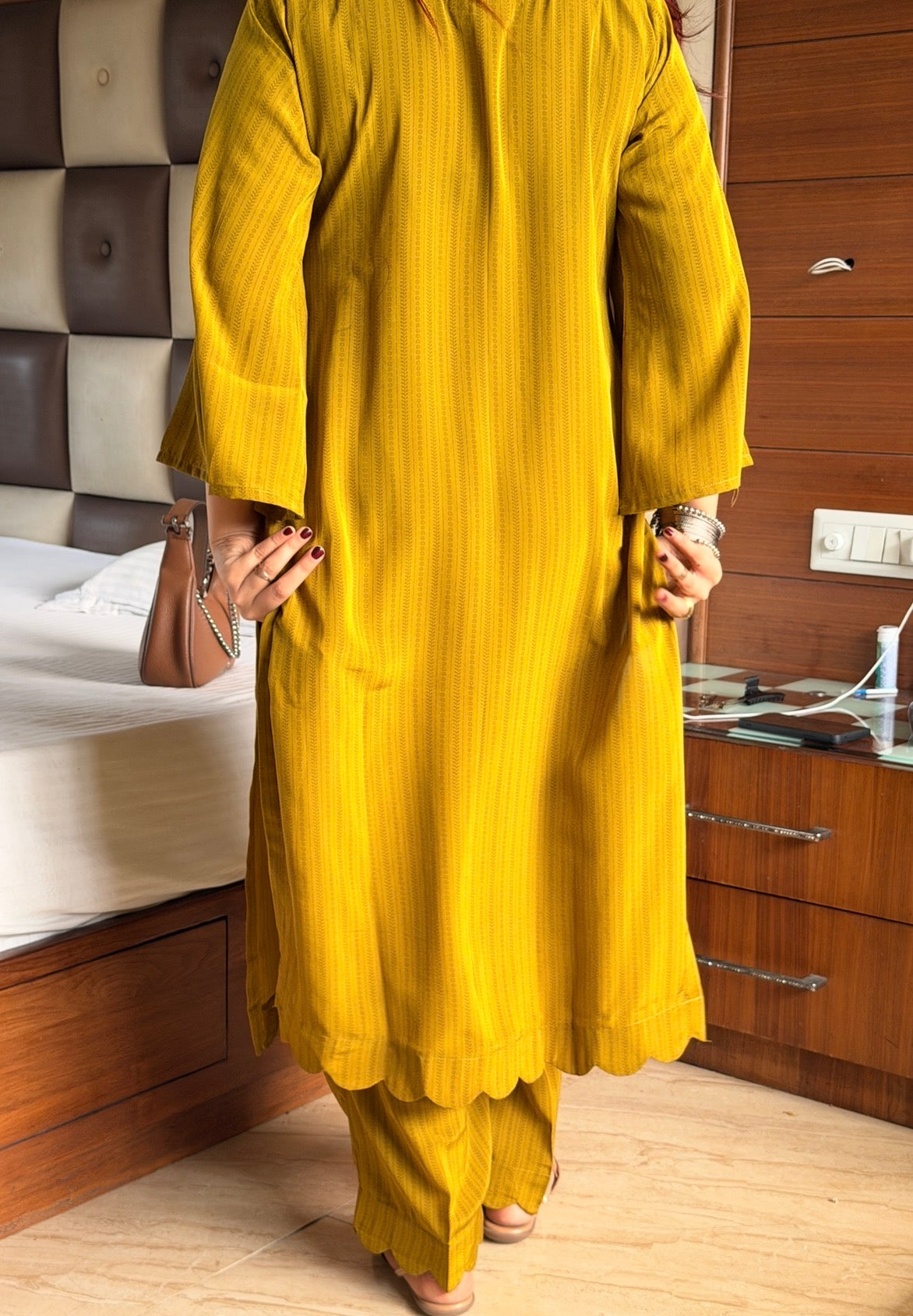 Olive Green Pure Crepe Co-ord Set with Kangoora Hem & Flared Sleeves