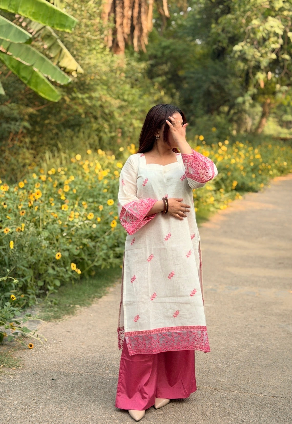 Off-White Cotton Kurta with Pink Floral Embroidery, Crepe Trousers & Organza Dupatta