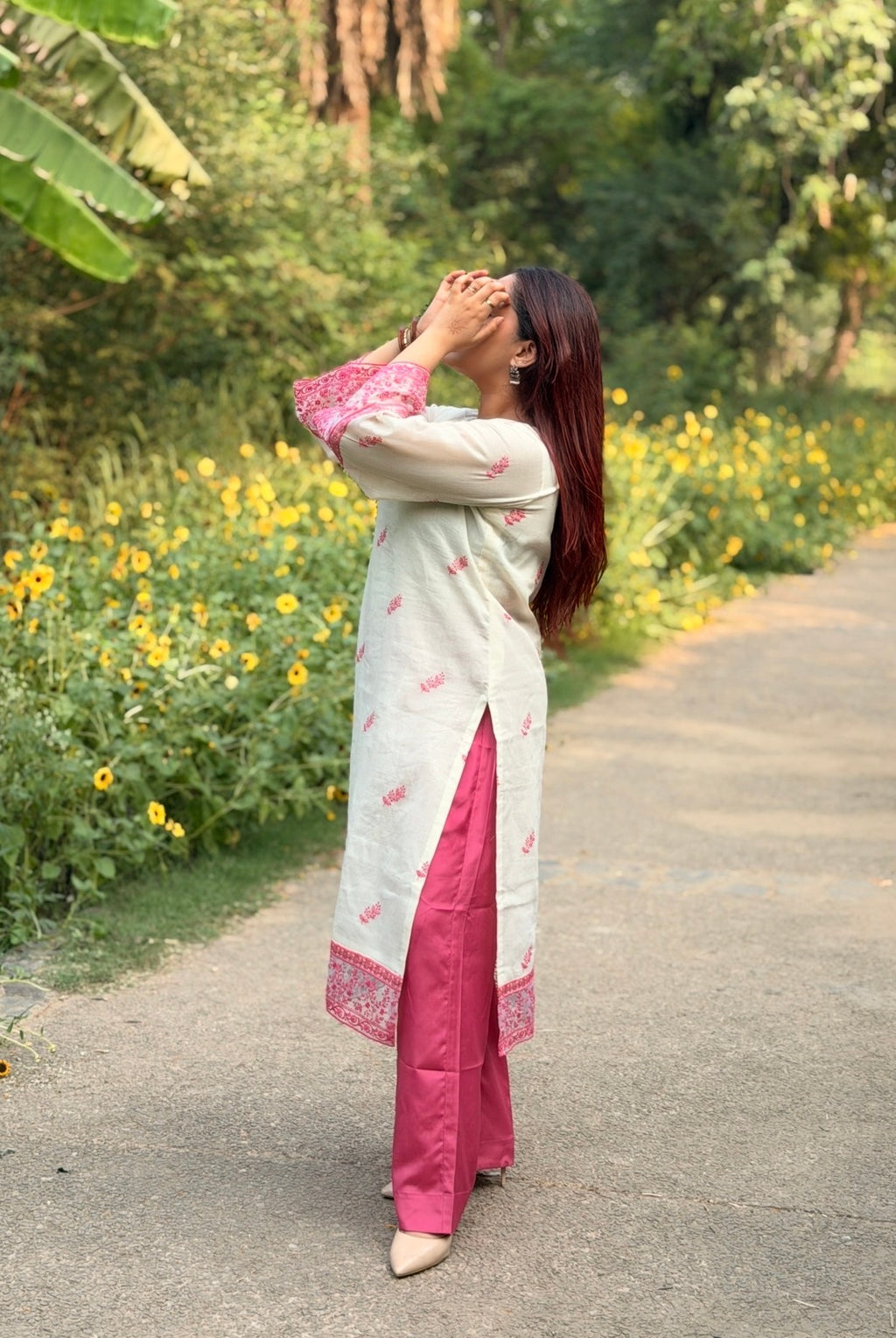 Off-White Cotton Kurta with Pink Floral Embroidery, Crepe Trousers & Organza Dupatta