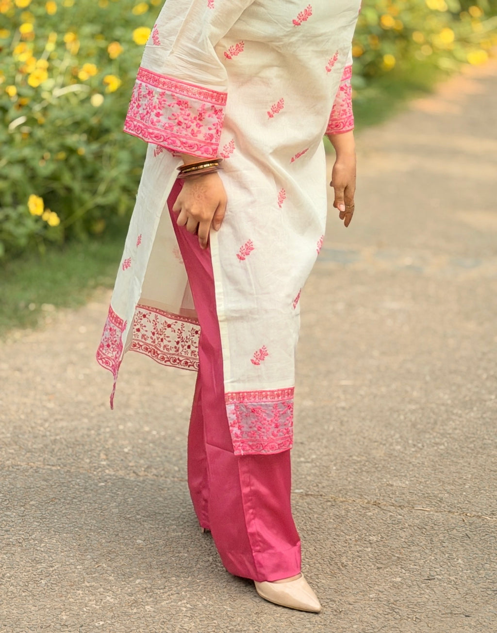 Off-White Cotton Kurta with Pink Floral Embroidery, Crepe Trousers & Organza Dupatta