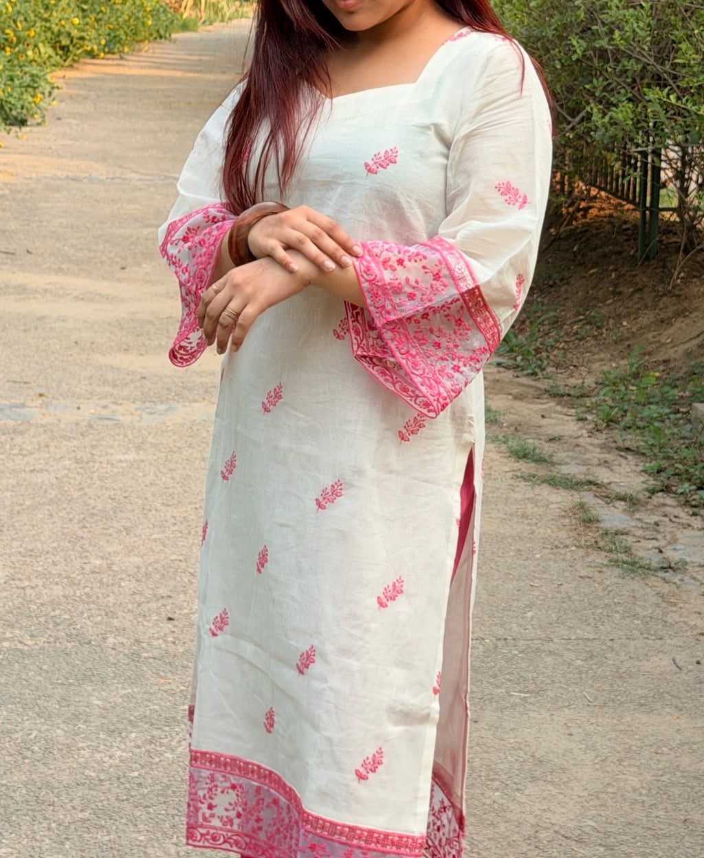 Off-White Cotton Kurta with Pink Floral Embroidery, Crepe Trousers & Organza Dupatta