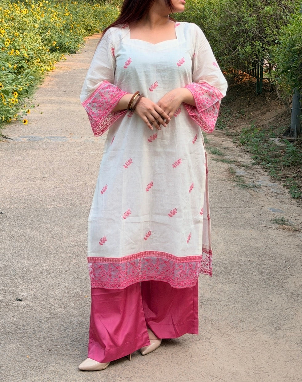Off-White Cotton Kurta with Pink Floral Embroidery, Crepe Trousers & Organza Dupatta