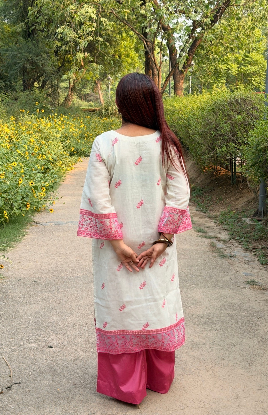 Off-White Cotton Kurta with Pink Floral Embroidery, Crepe Trousers & Organza Dupatta