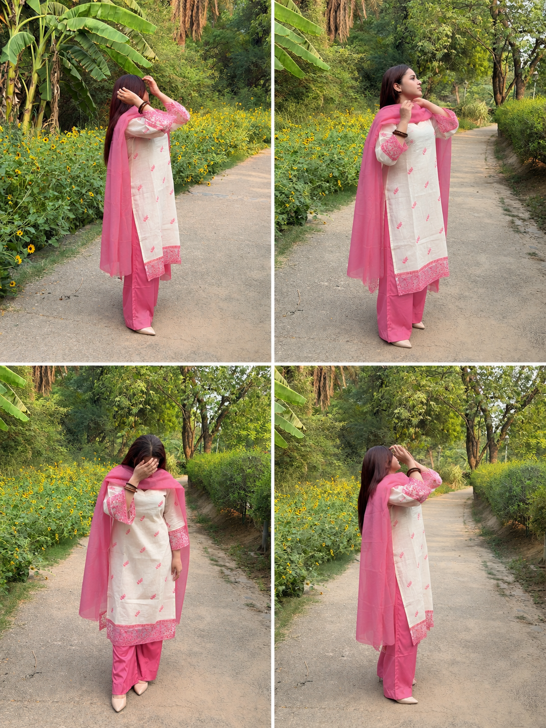 Off-White Cotton Kurta with Pink Floral Embroidery, Crepe Trousers & Organza Dupatta