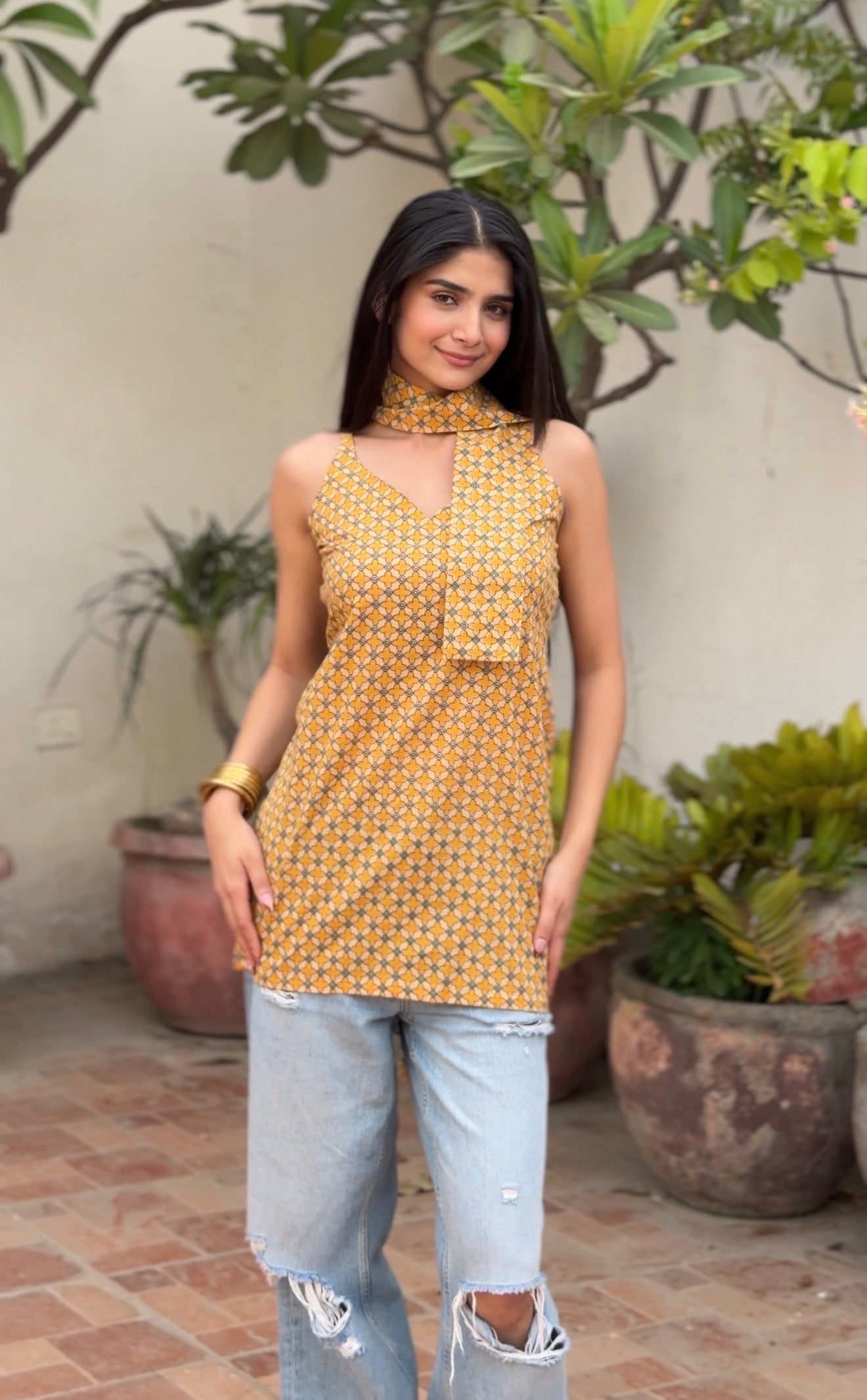 Mustard Trellis Print 3-Way Convertible Top with Detachable Bell Sleeves & Tie Scarf | ALBABS