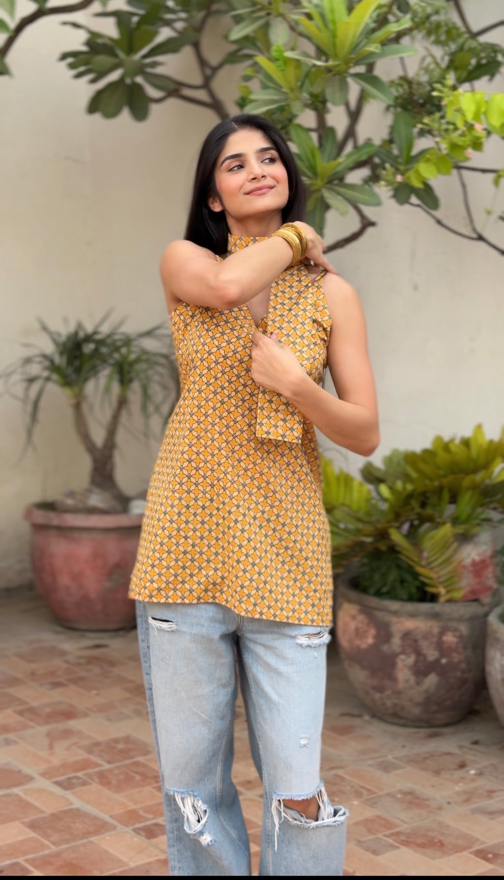 Mustard Trellis Print 3-Way Convertible Top with Detachable Bell Sleeves & Tie Scarf | ALBABS