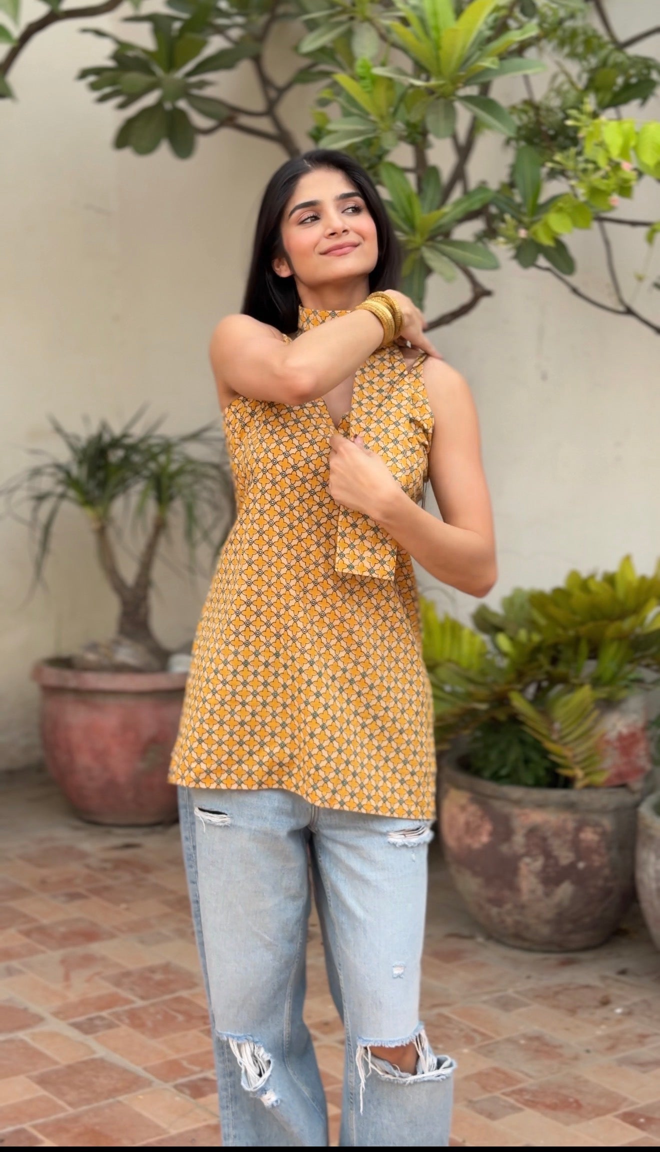 Mustard Trellis Print 3-Way Convertible Top with Detachable Bell Sleeves & Tie Scarf | ALBABS