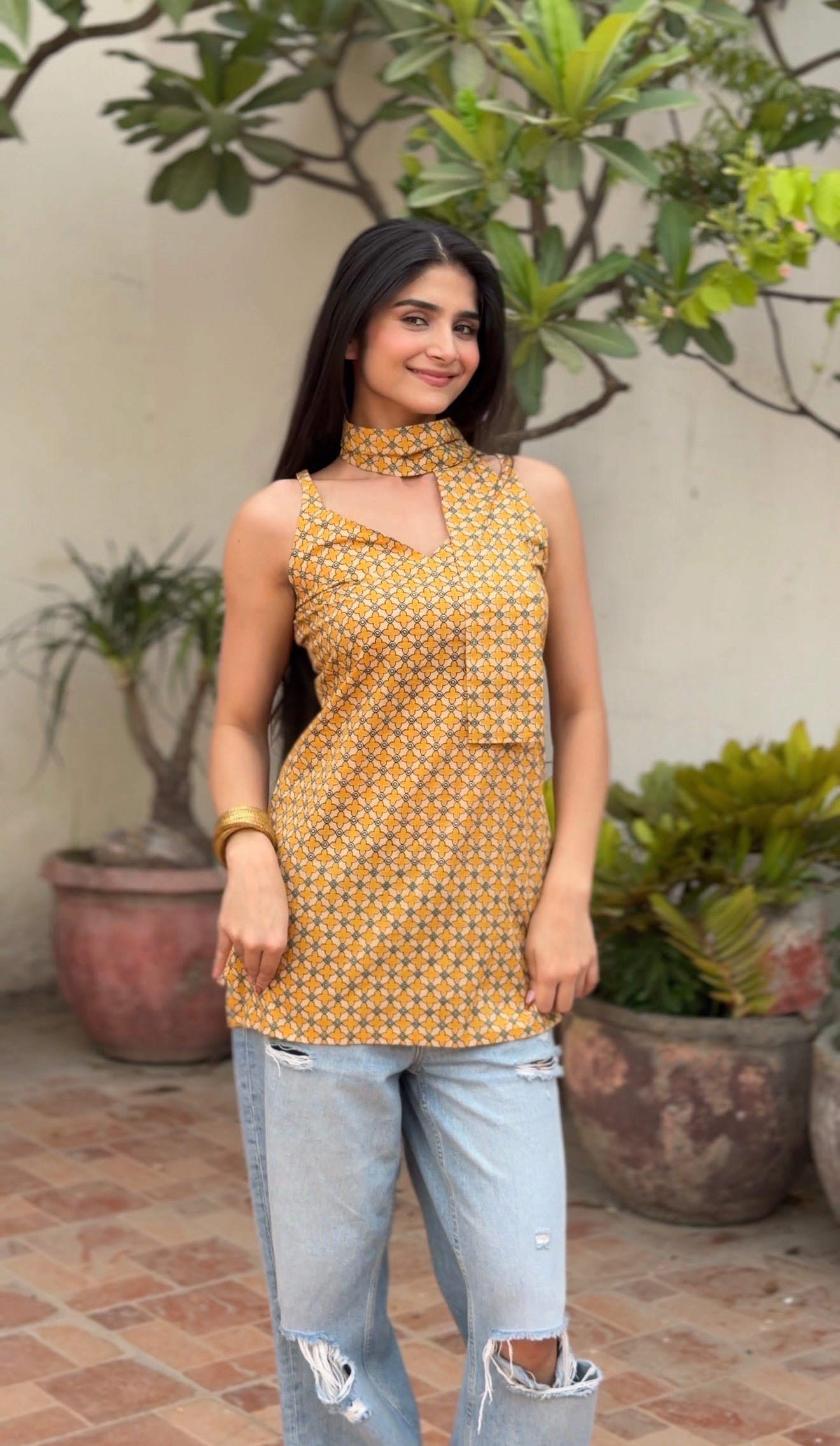 Mustard Trellis Print 3-Way Convertible Top with Detachable Bell Sleeves & Tie Scarf | ALBABS