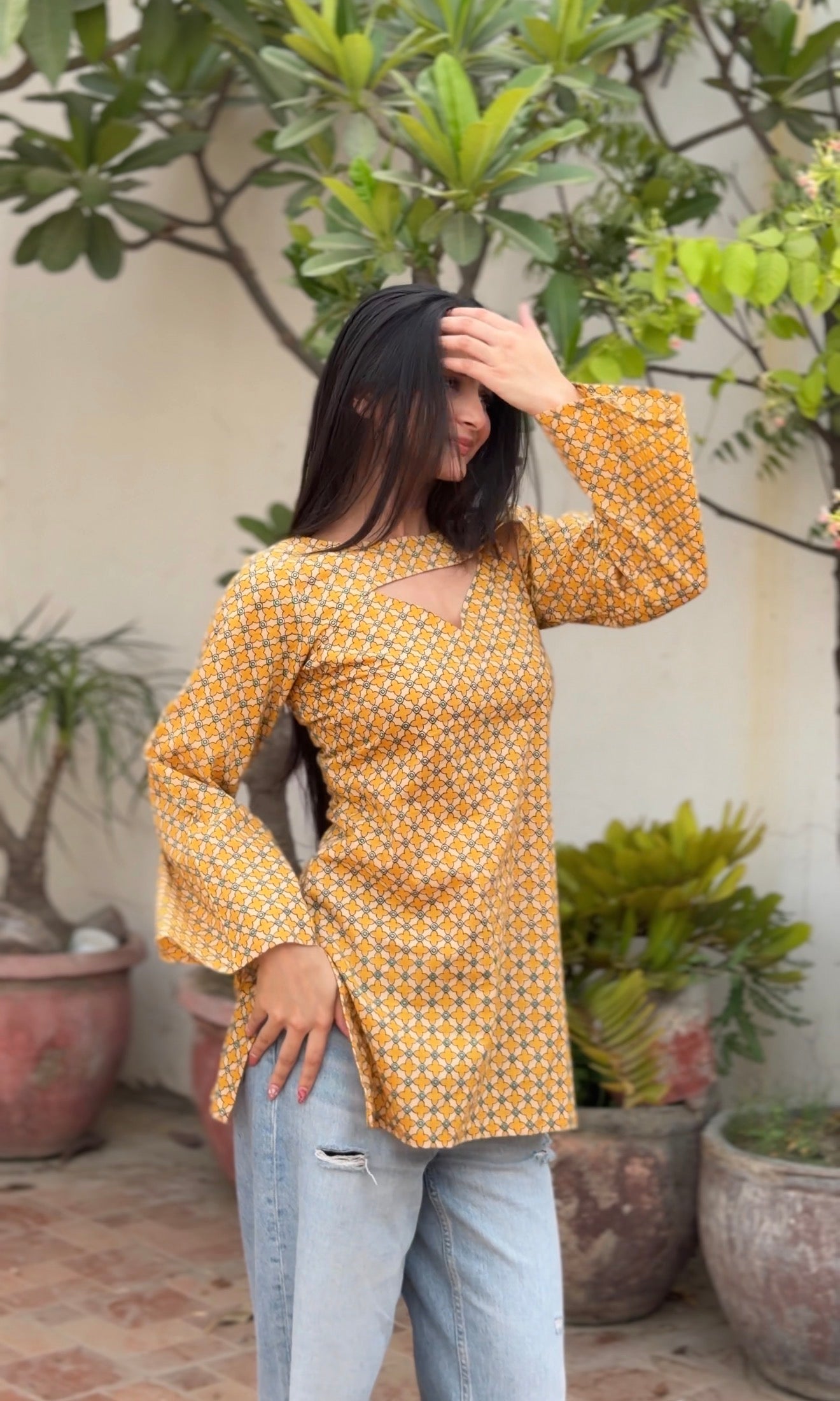 Mustard Trellis Print 3-Way Convertible Top with Detachable Bell Sleeves & Tie Scarf | ALBABS