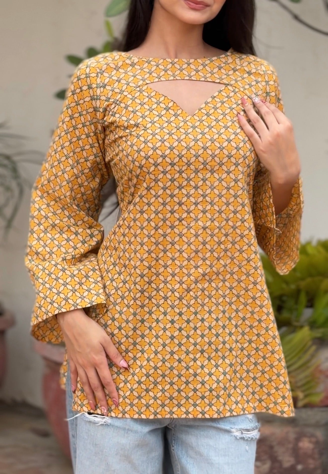 Mustard Trellis Print 3-Way Convertible Top with Detachable Bell Sleeves & Tie Scarf | ALBABS