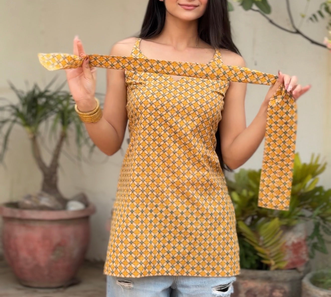 Mustard Trellis Print 3-Way Convertible Top with Detachable Bell Sleeves & Tie Scarf | ALBABS
