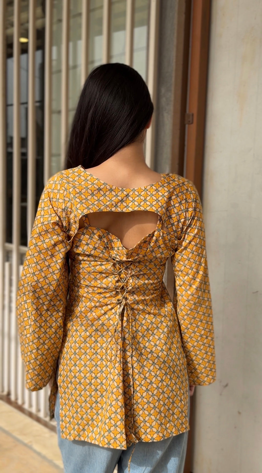 Mustard Trellis Print 3-Way Convertible Top with Detachable Bell Sleeves & Tie Scarf | ALBABS