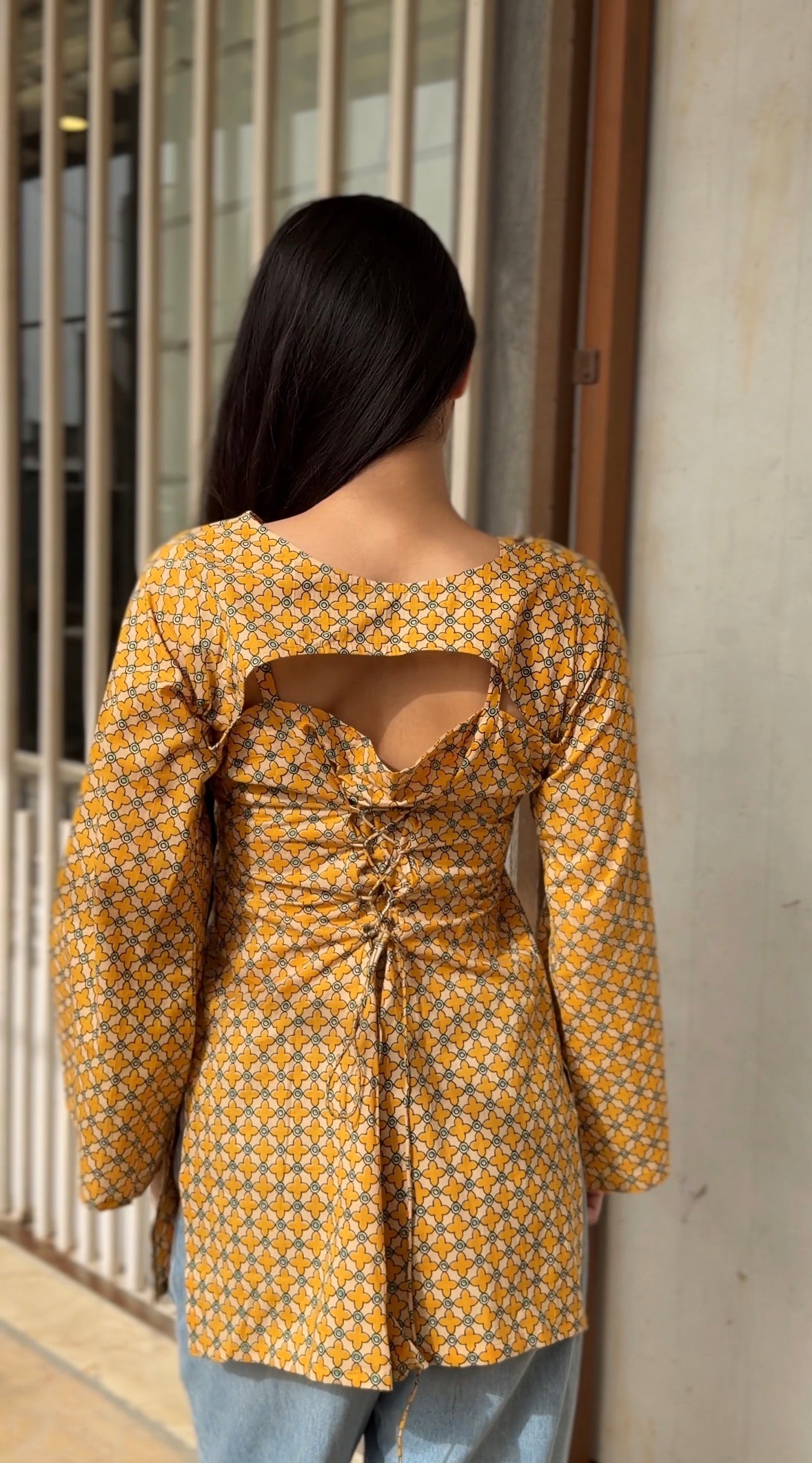 Mustard Trellis Print 3-Way Convertible Top with Detachable Bell Sleeves & Tie Scarf | ALBABS