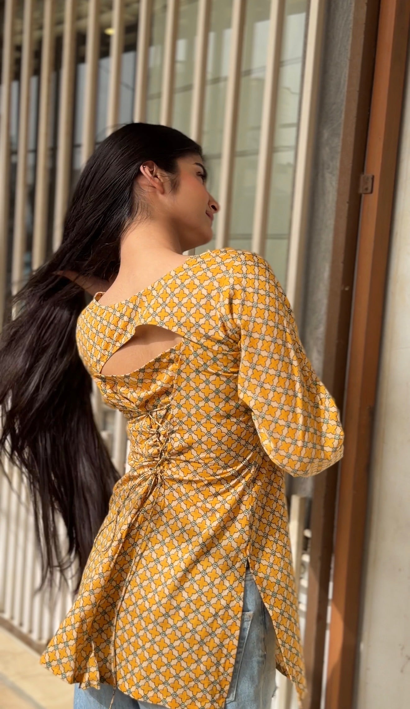 Mustard Trellis Print 3-Way Convertible Top with Detachable Bell Sleeves & Tie Scarf | ALBABS