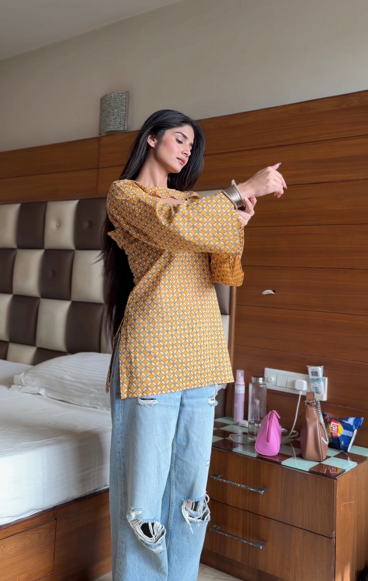 Mustard Trellis Print 3-Way Convertible Top with Detachable Bell Sleeves & Tie Scarf | ALBABS