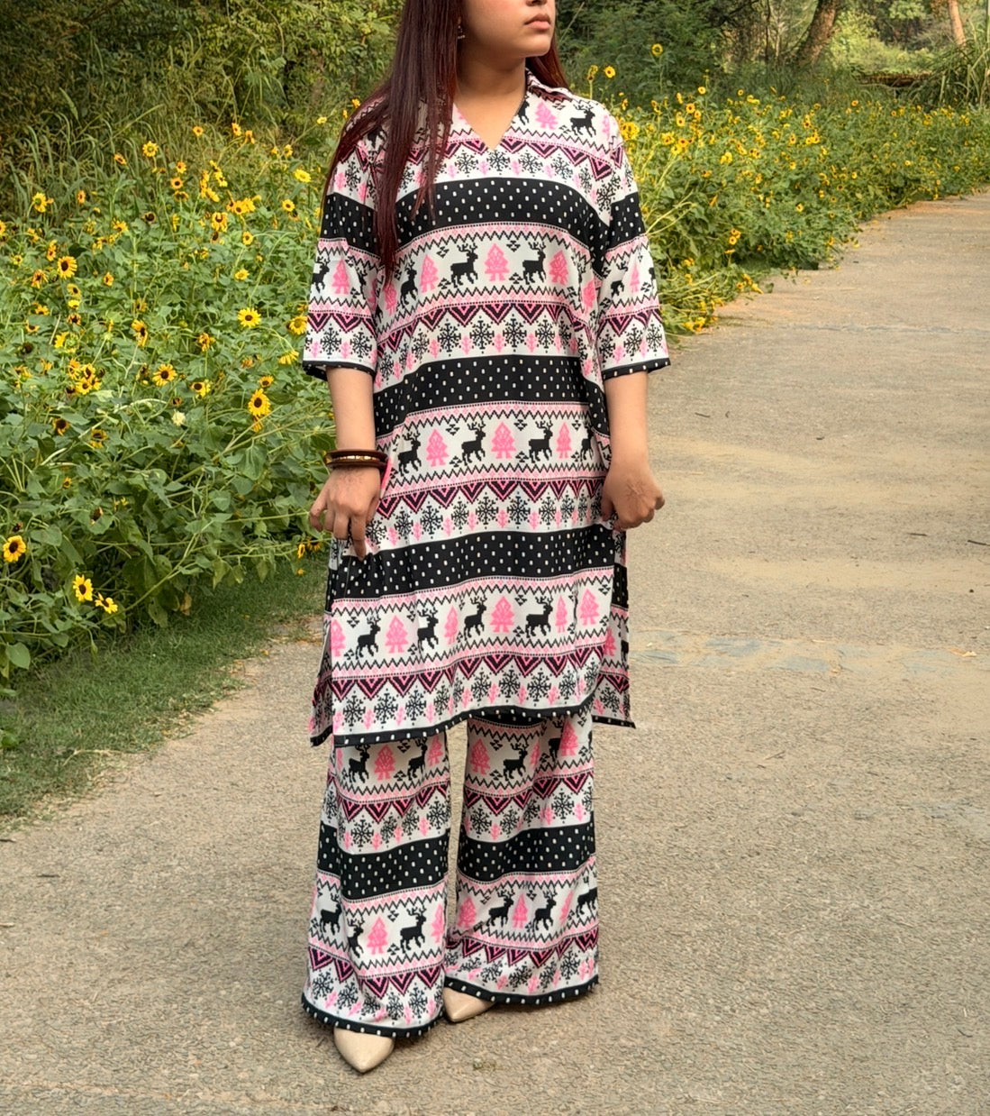 Co-ord Set — Quirky Fair Isle Print Kurti & Bell Bottom Trousers | ALBABS