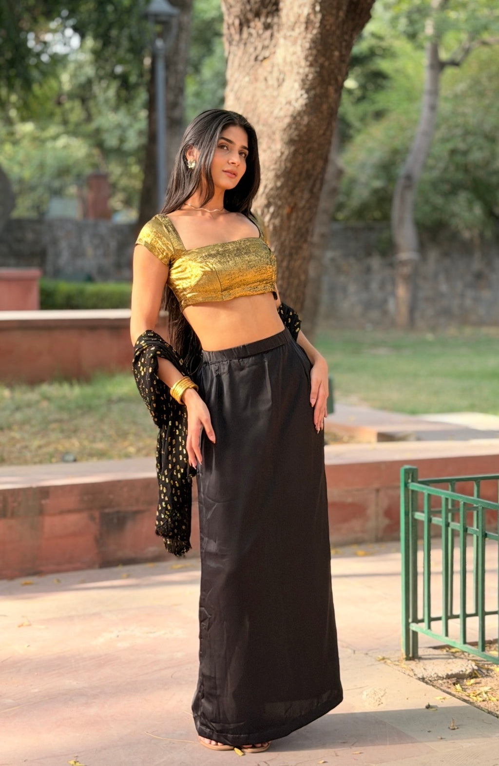 Gold Rush 3-Piece Set — Metallic Crop Top, Black Satin Skirt & Gold Foil Georgette Dupatta | ALBABS