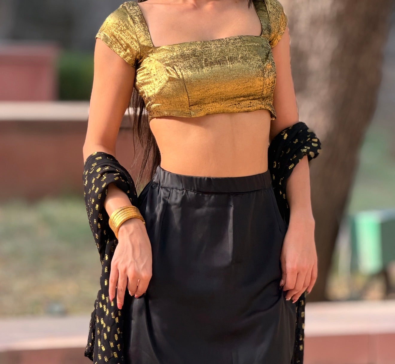 Gold Rush 3-Piece Set — Metallic Crop Top, Black Satin Skirt & Gold Foil Georgette Dupatta | ALBABS
