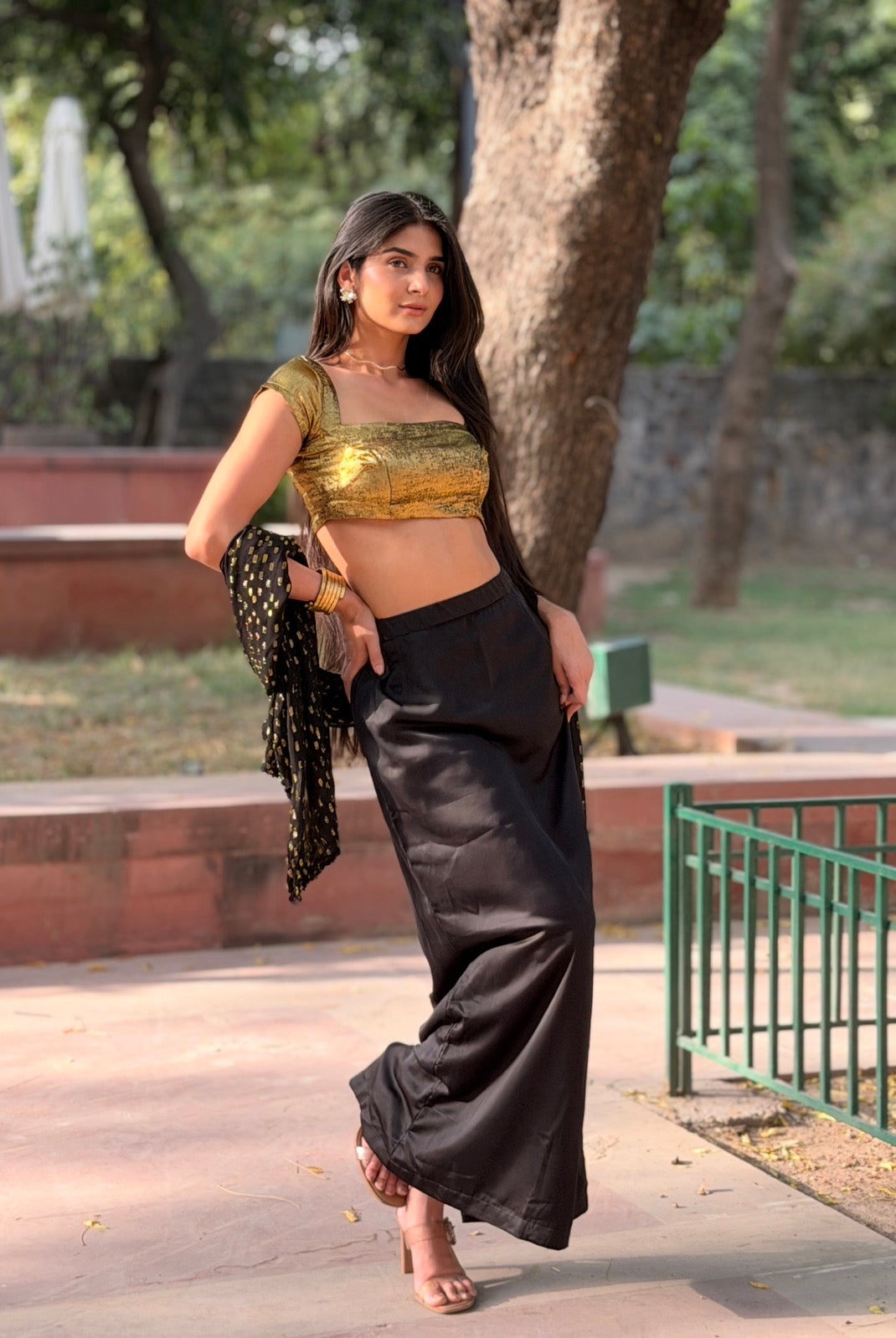 Gold Rush 3-Piece Set — Metallic Crop Top, Black Satin Skirt & Gold Foil Georgette Dupatta | ALBABS
