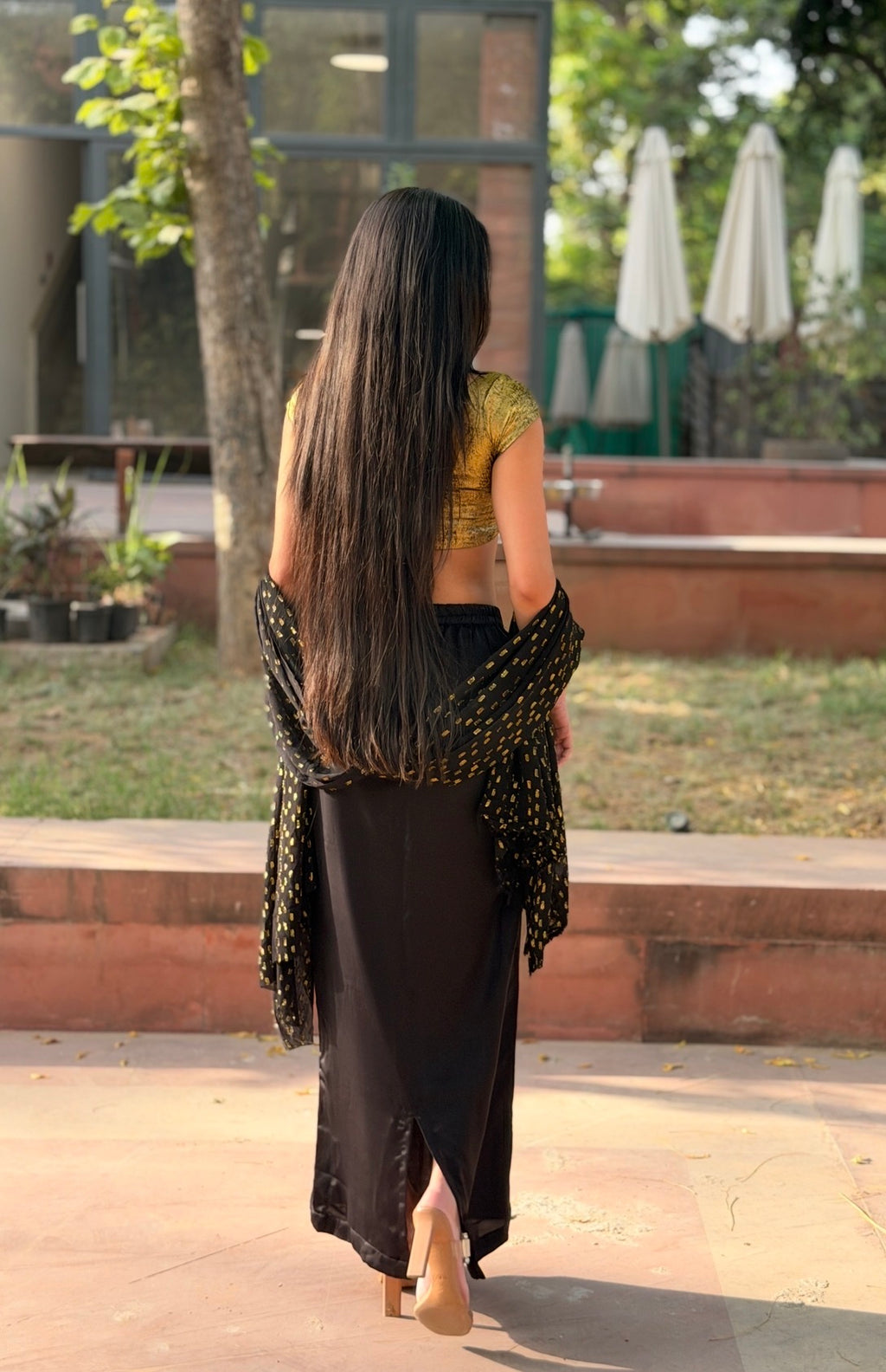 Gold Rush 3-Piece Set — Metallic Crop Top, Black Satin Skirt & Gold Foil Georgette Dupatta | ALBABS