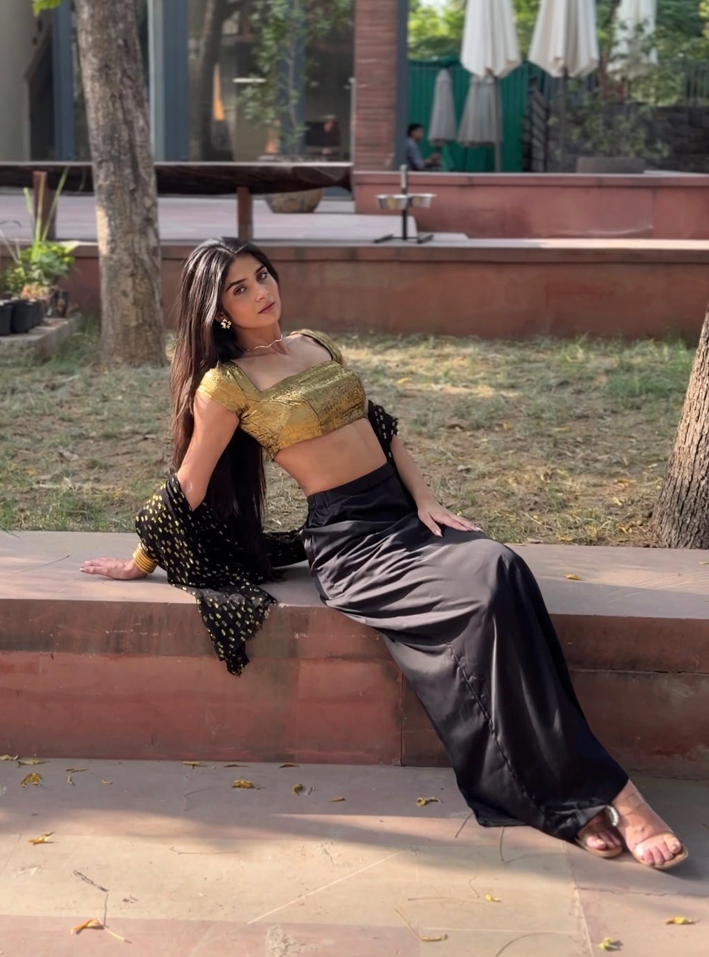 Gold Rush 3-Piece Set — Metallic Crop Top, Black Satin Skirt & Gold Foil Georgette Dupatta | ALBABS
