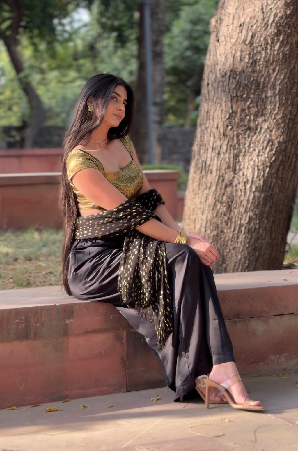 Gold Rush 3-Piece Set — Metallic Crop Top, Black Satin Skirt & Gold Foil Georgette Dupatta | ALBABS