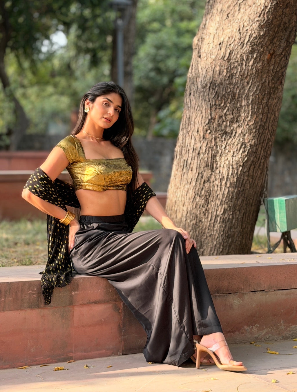 Gold Rush 3-Piece Set — Metallic Crop Top, Black Satin Skirt & Gold Foil Georgette Dupatta | ALBABS